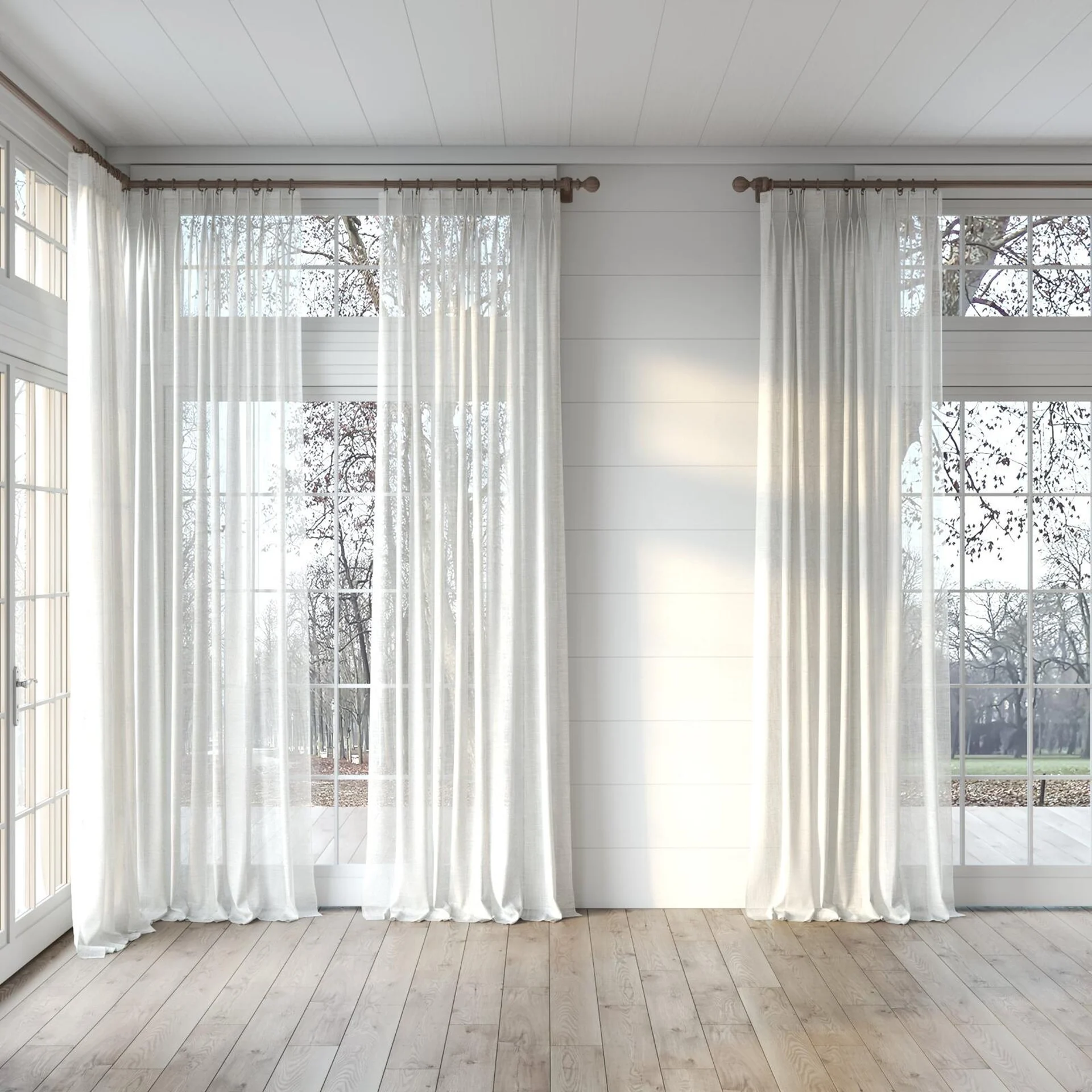 Full view of Occurrence Linen, puddled, on curtain rod