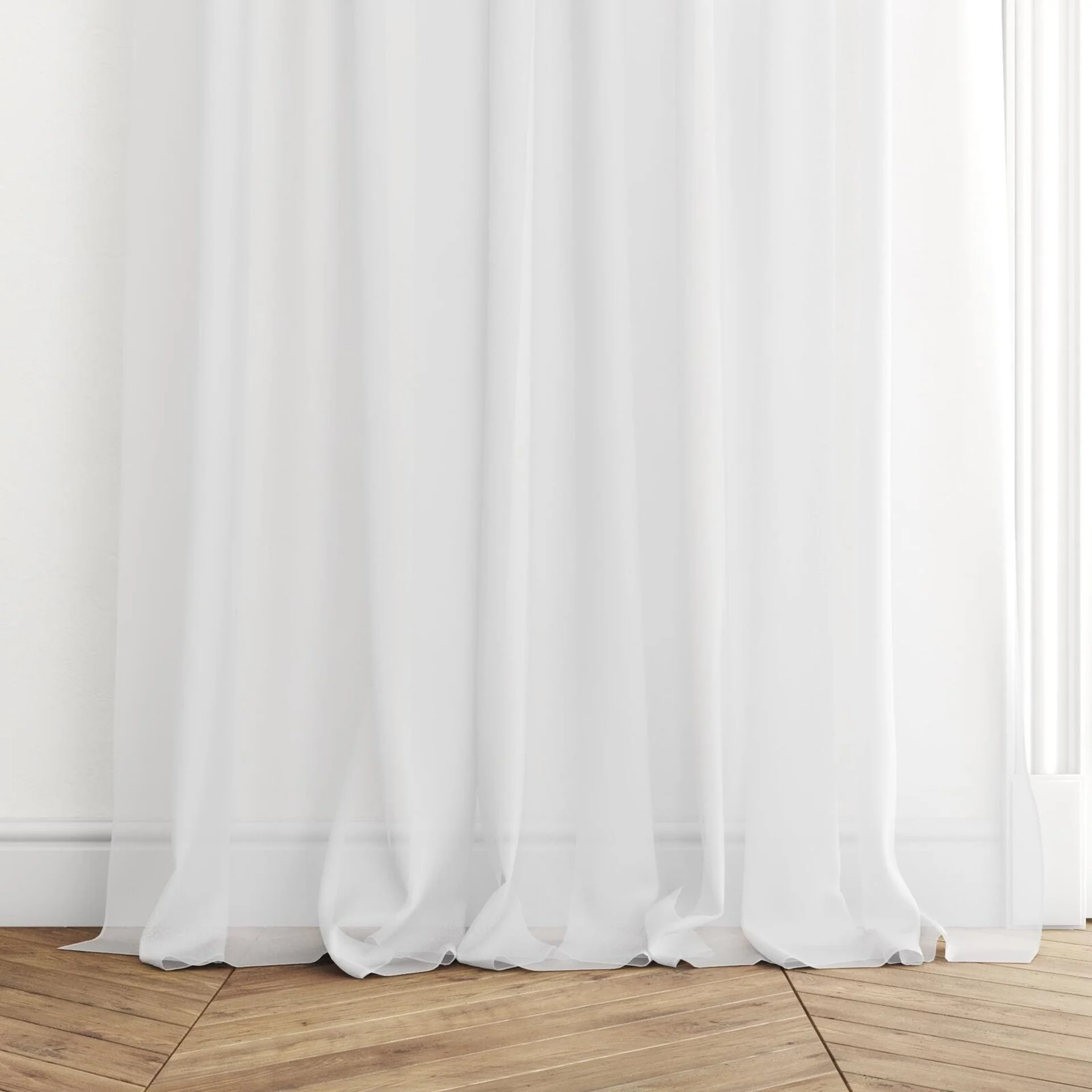 Bottom view of Zine Mist, puddled with pinch pleat, on curtain rod