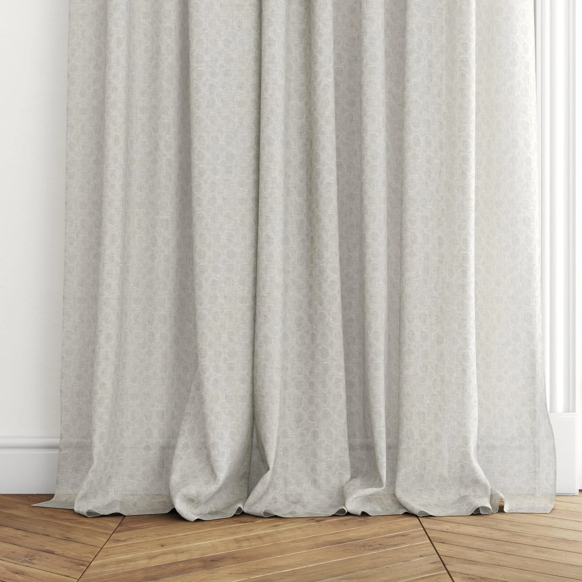 Bottom view of Lilian Mist, puddled with pinch pleat, on curtain rod