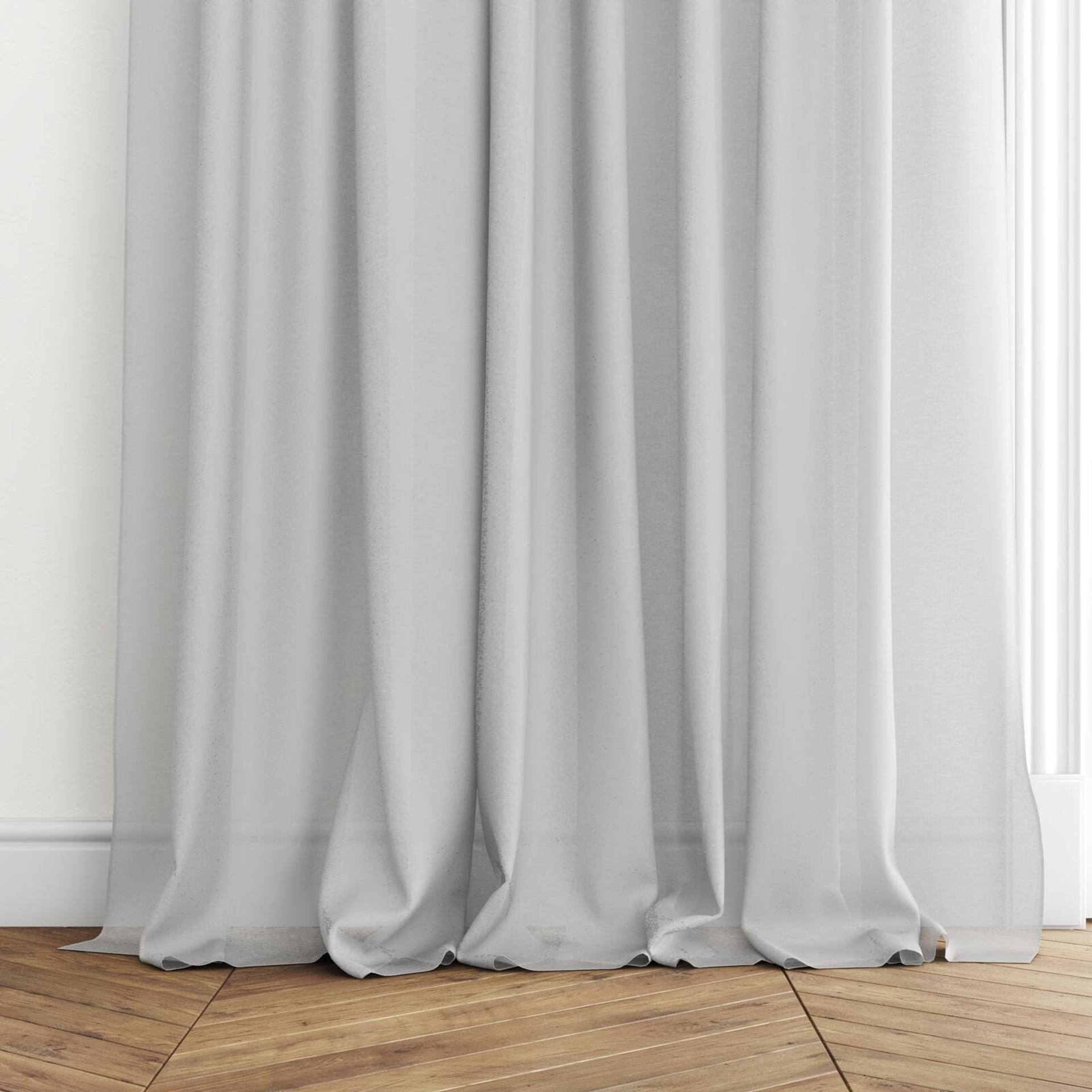 Bottom view of Wategos Silver, puddled with pinch pleat, on curtain rod