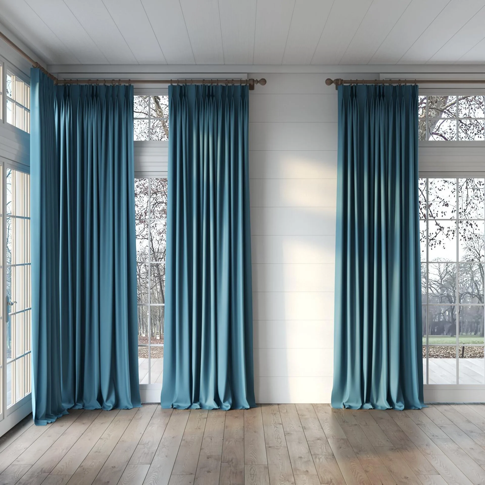 Full view of Ultra Dim Teal, puddled, on curtain rod