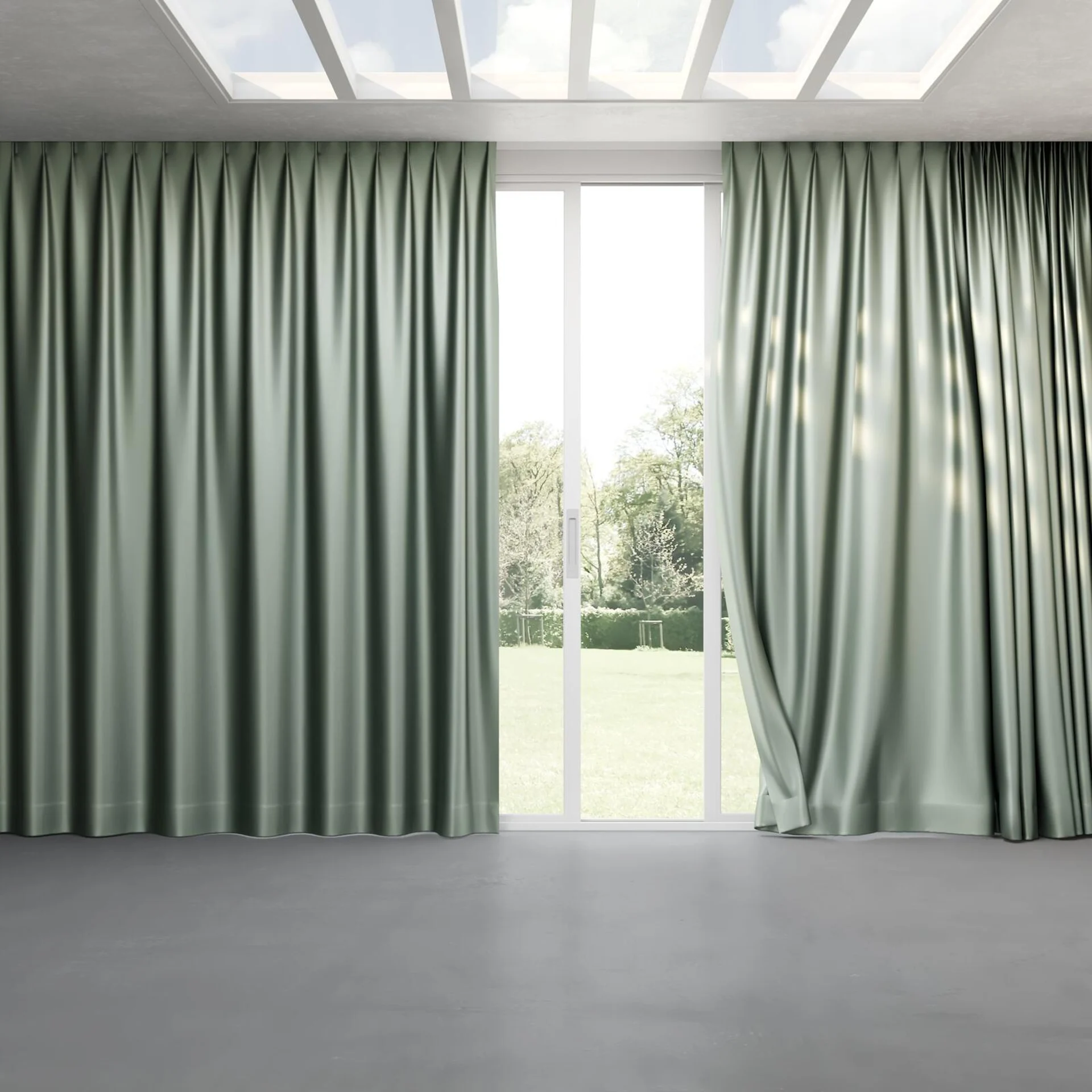 Full view of Moonbeam Celadon, pinch pleat