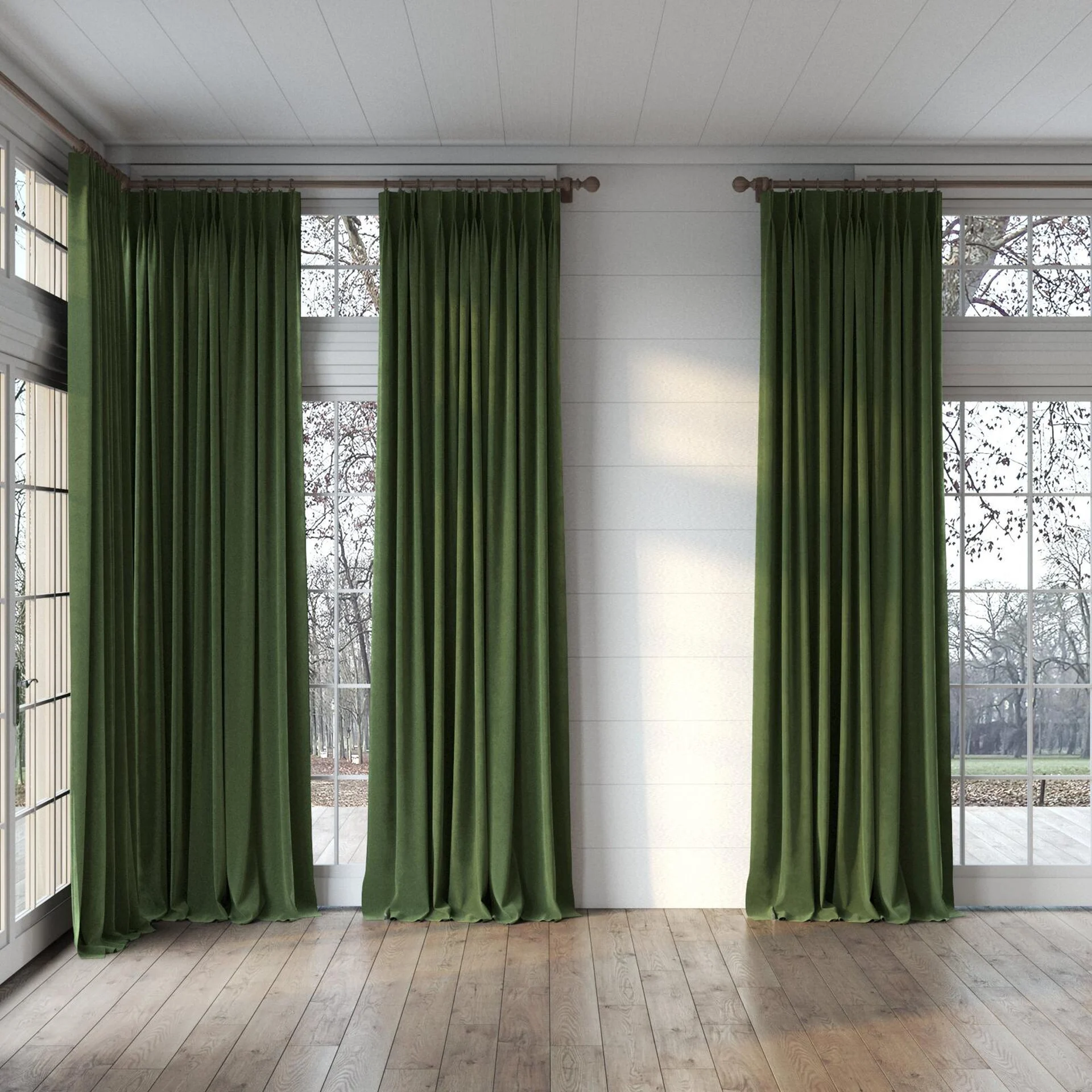 Full view of Lux Velvet Forest 8104, puddled, on curtain rod