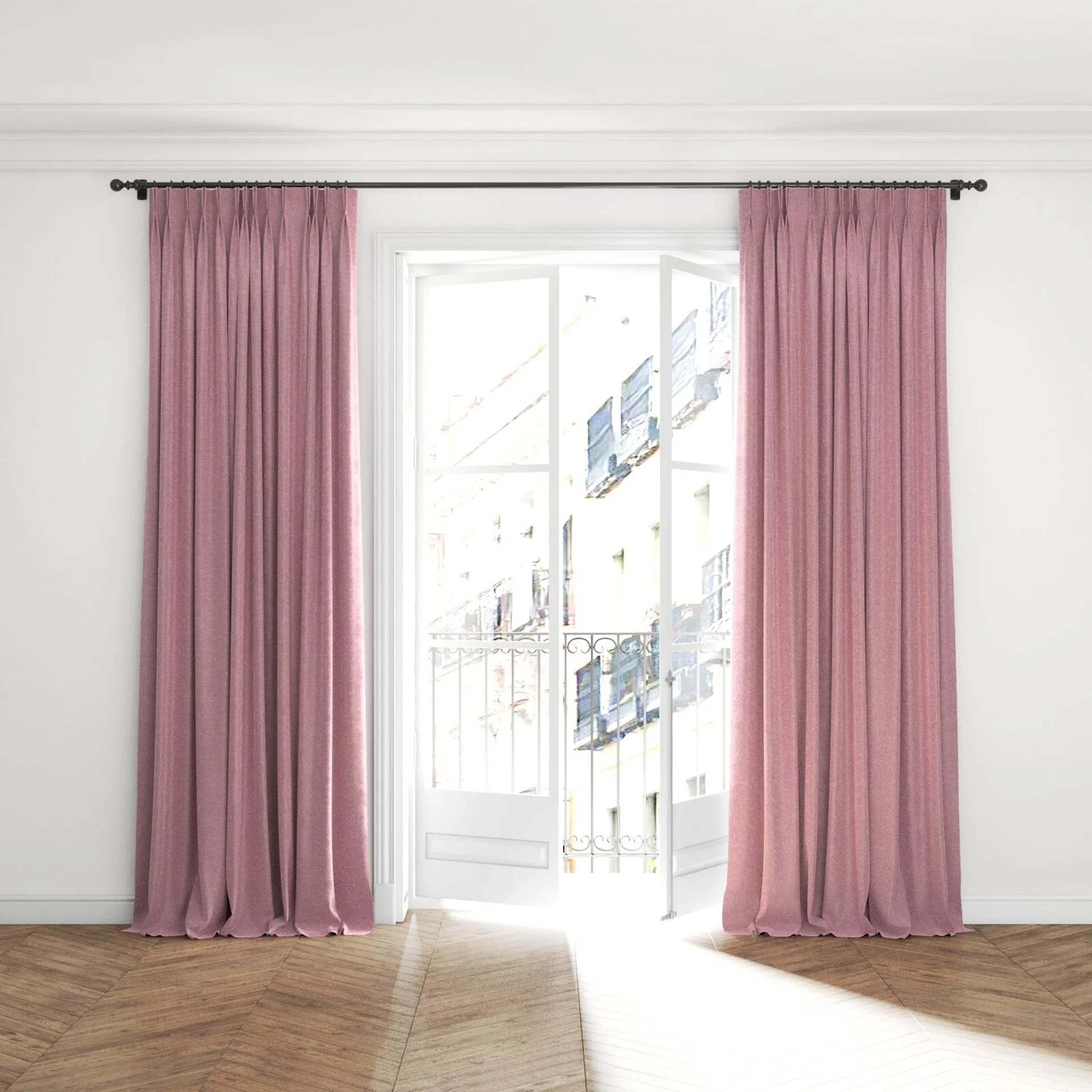 Full view of Brigadier Boudoir, puddled with pinch pleat, on curtain rod