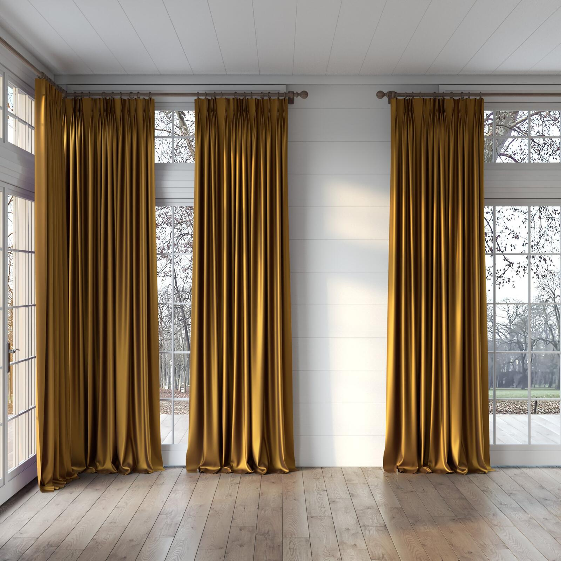 Full view of North Face Gold, puddled, on curtain rod