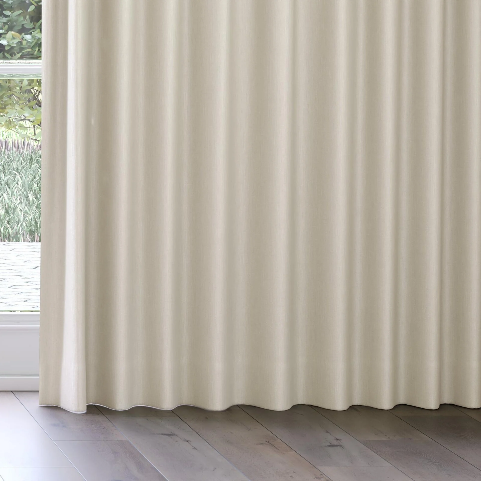 Bottom view of Cordoba Greige, on curtain rail