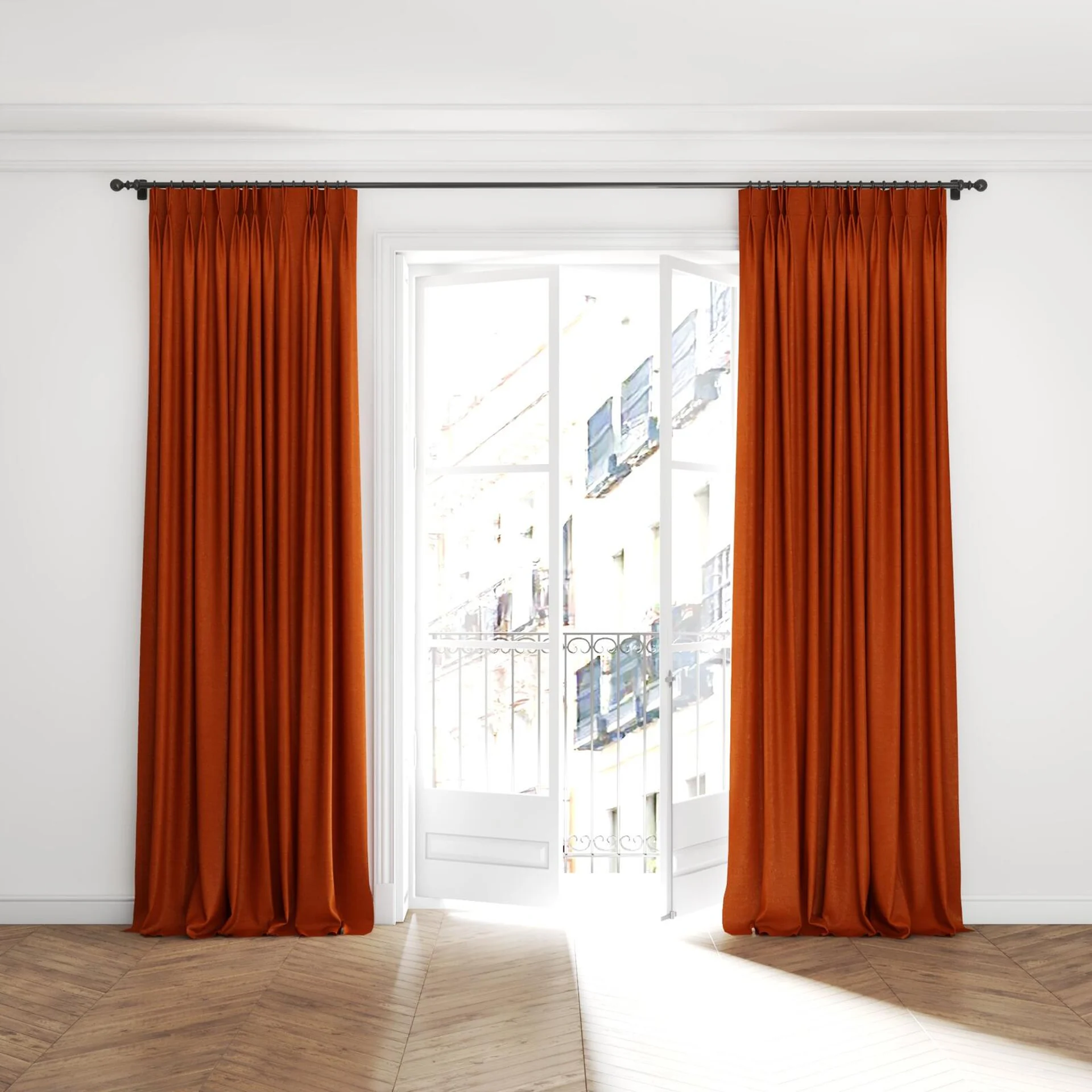 Full view of Drama Brick, puddled with pinch pleat, on curtain rod