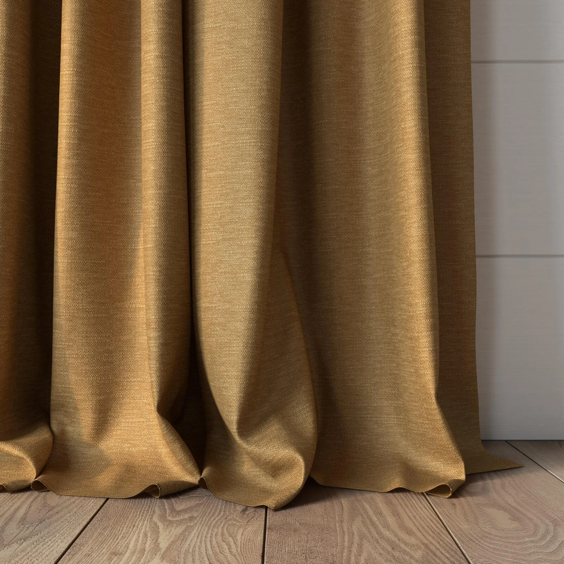 Bottom view of Colourwash Eco Butterscotch, puddled, on curtain rod