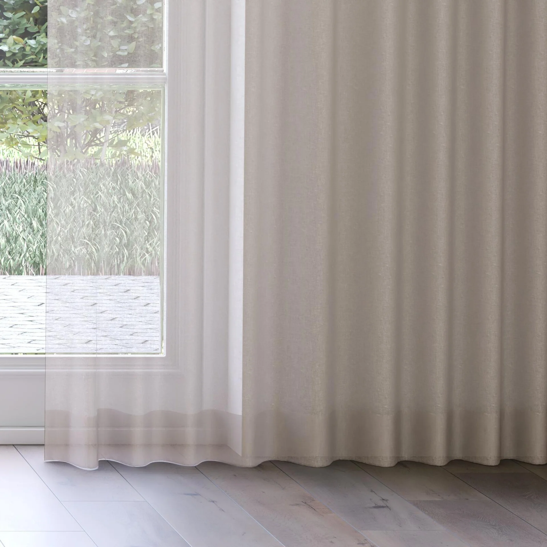 Bottom view of Kanji Linen, on curtain rail