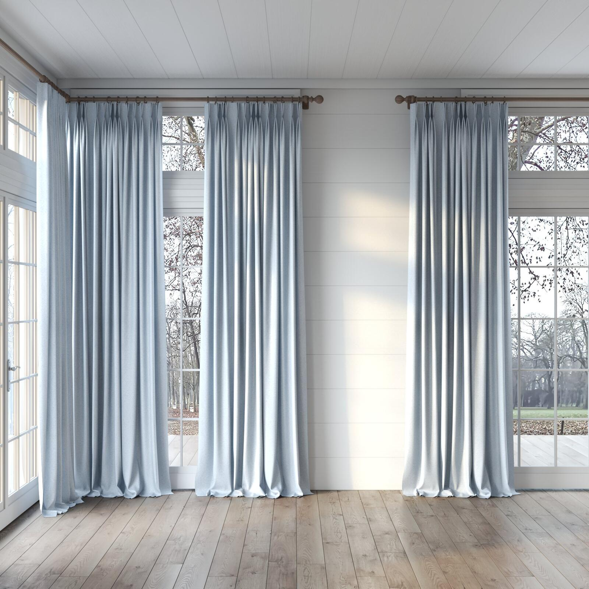 Full view of Liberate Sky, puddled, on curtain rod