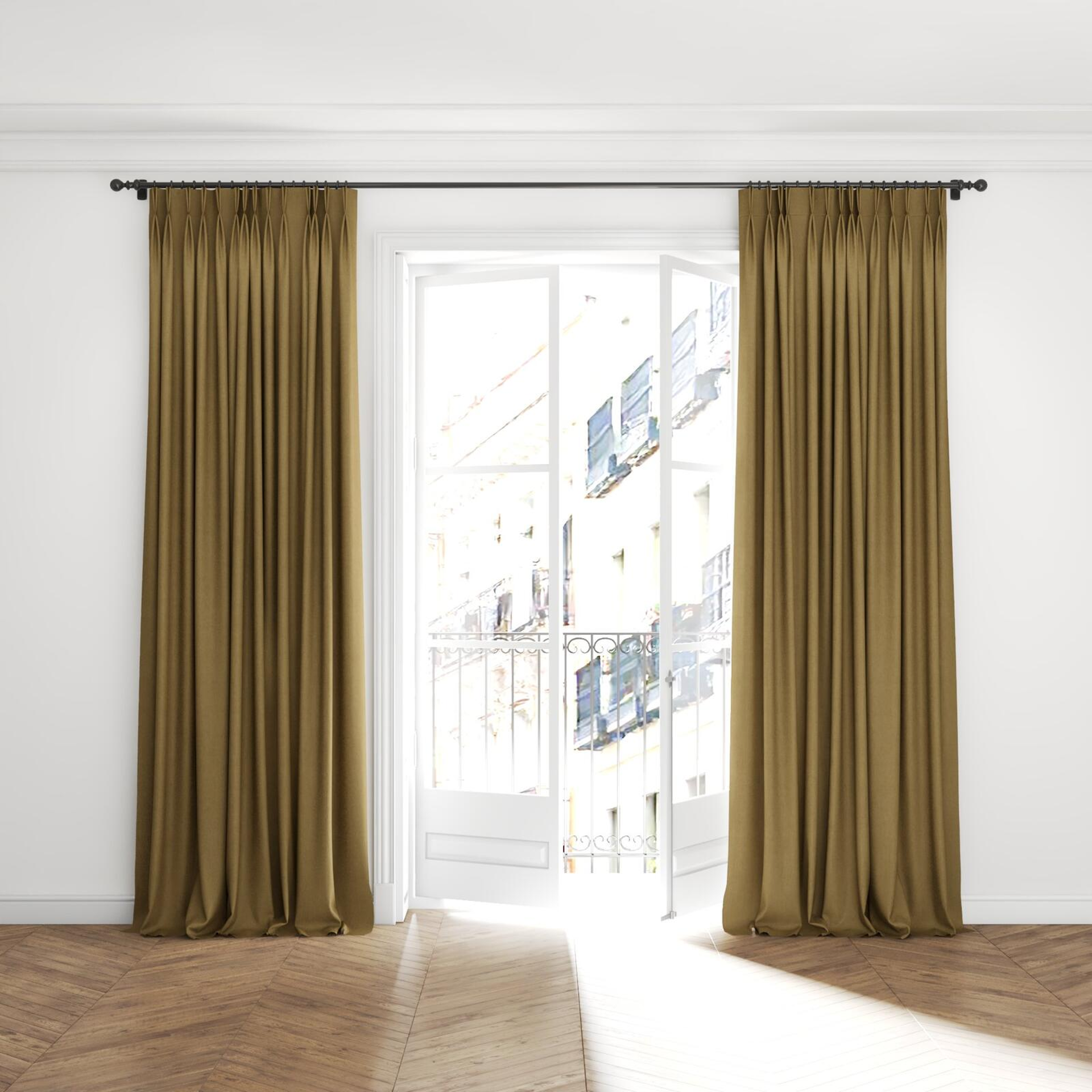 Full view of Rover Nut, puddled with pinch pleat, on curtain rod