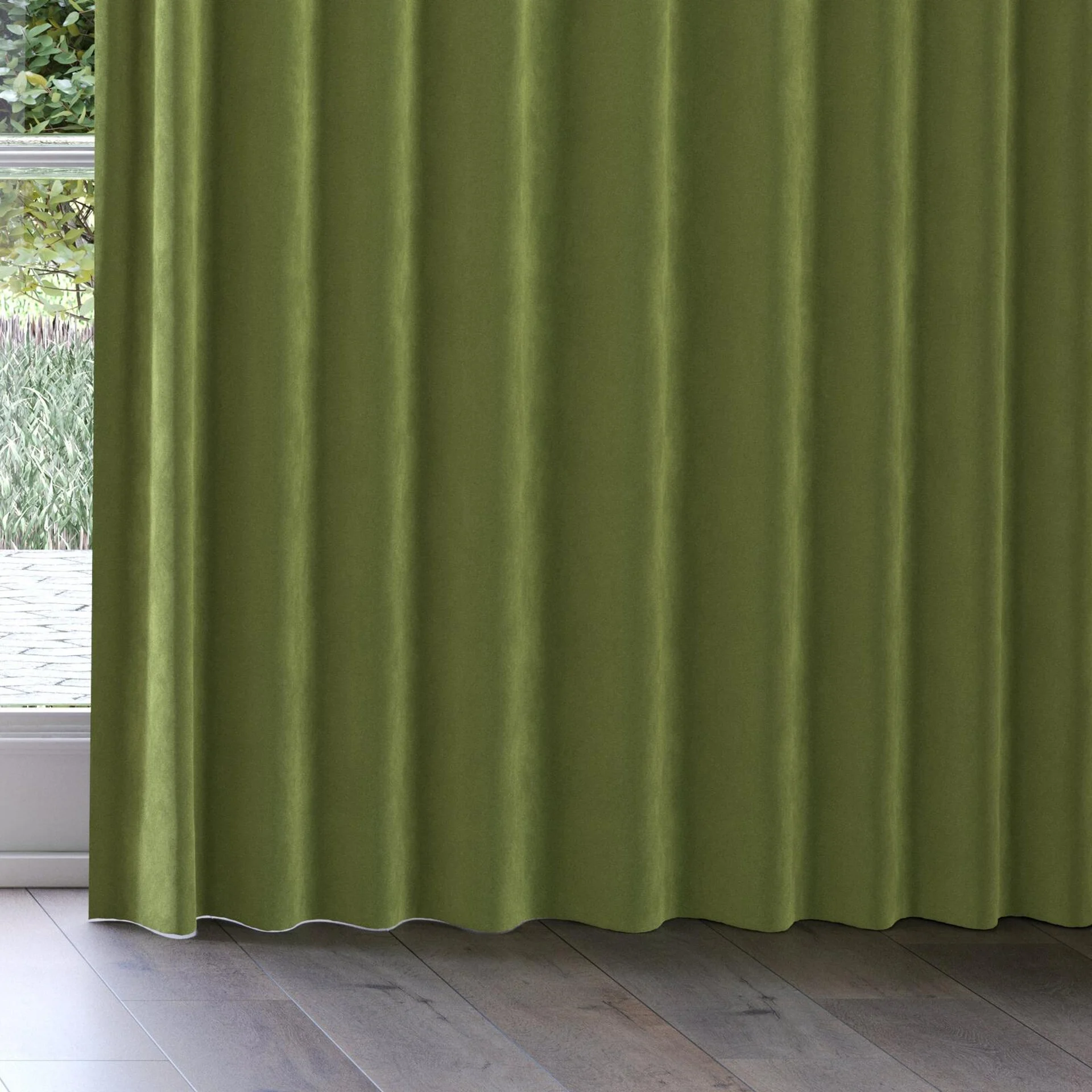 Bottom view of Lux Velvet Olive 8118, on curtain rail