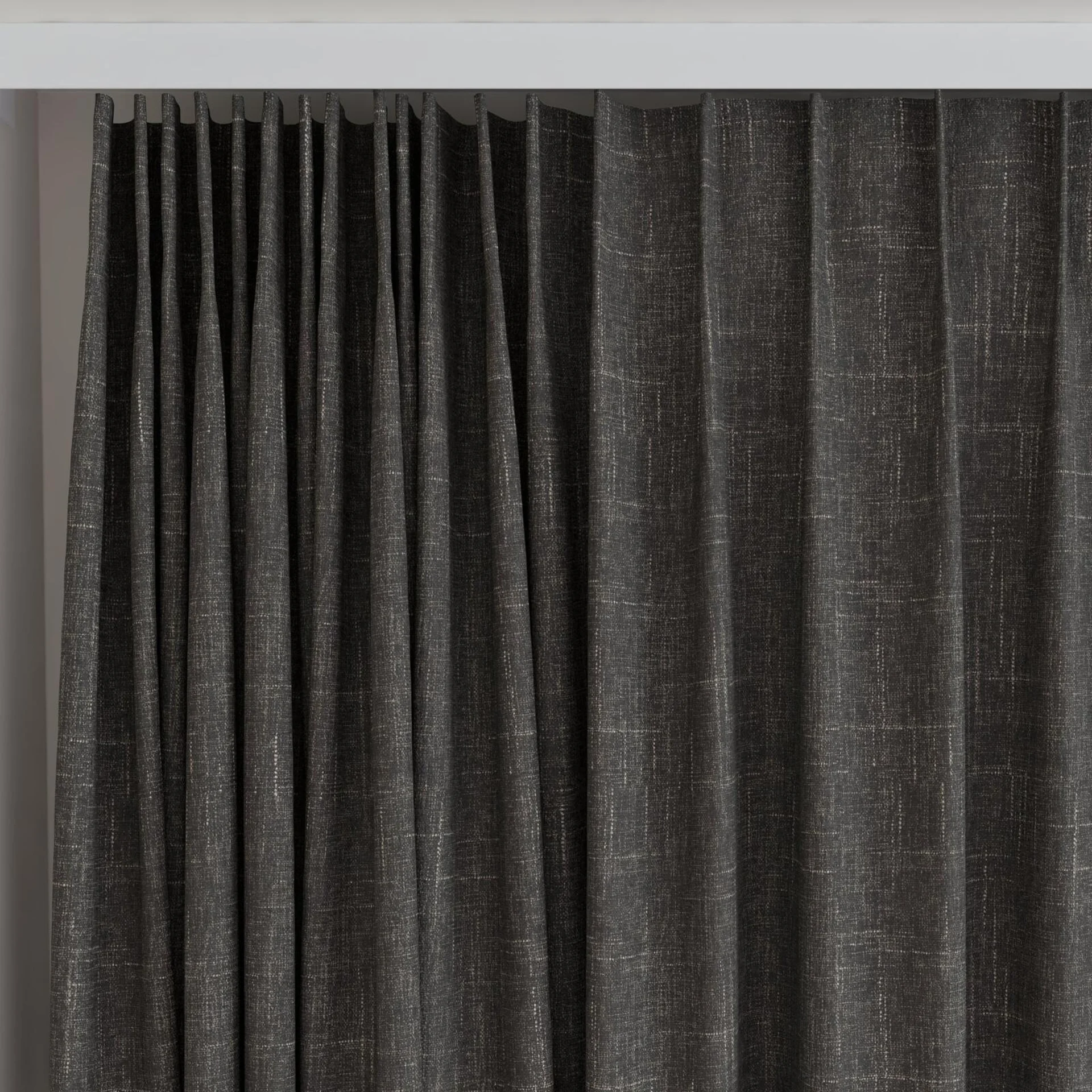 Top view of Cavalry Liquorice, on curtain rail