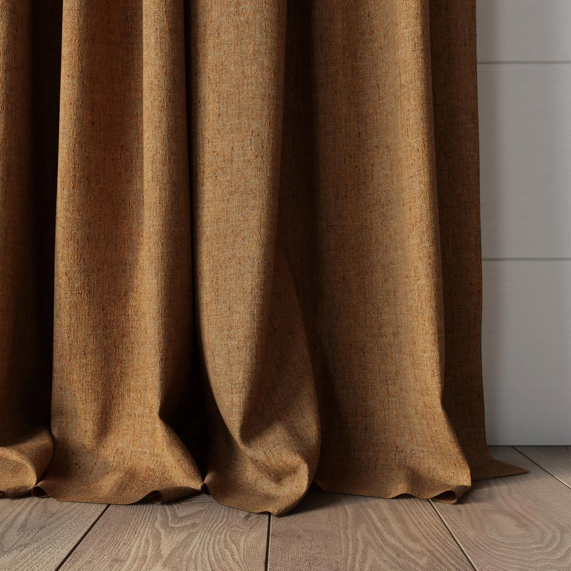 Bottom view of Dryland Rustic, puddled, on curtain rod
