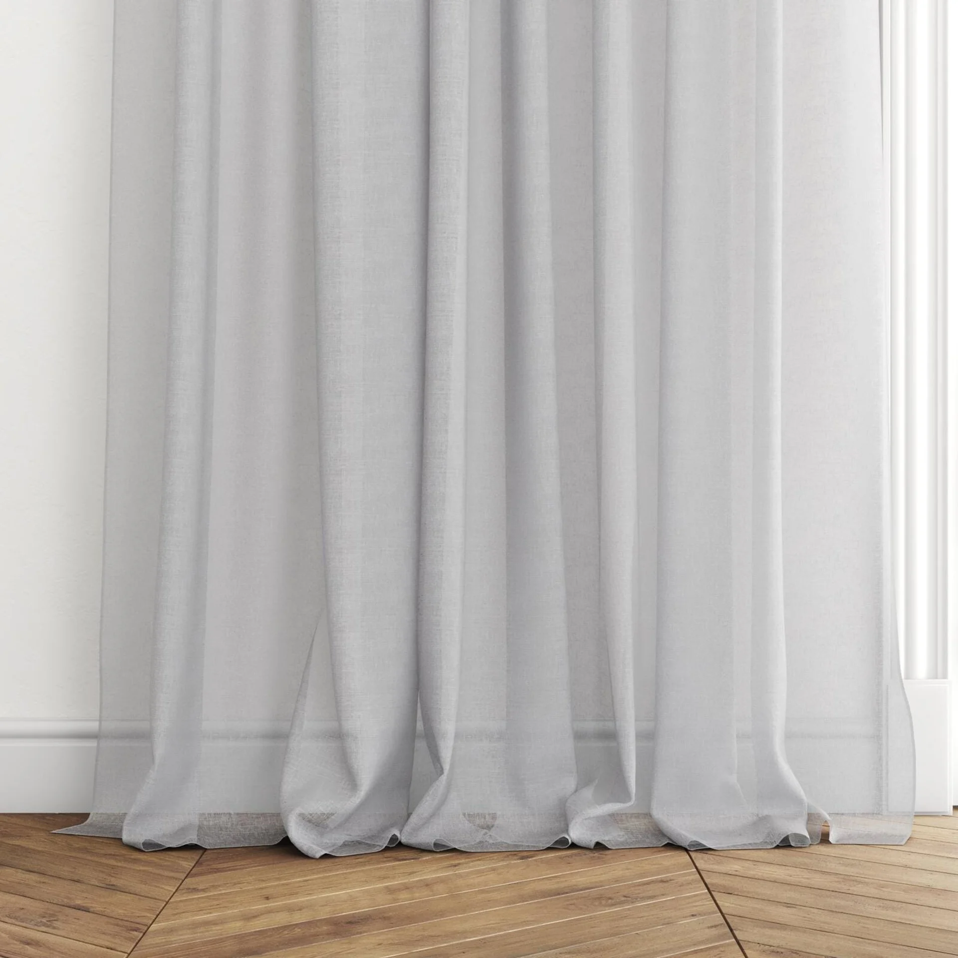 Bottom view of Elevate Frost, puddled with pinch pleat, on curtain rod