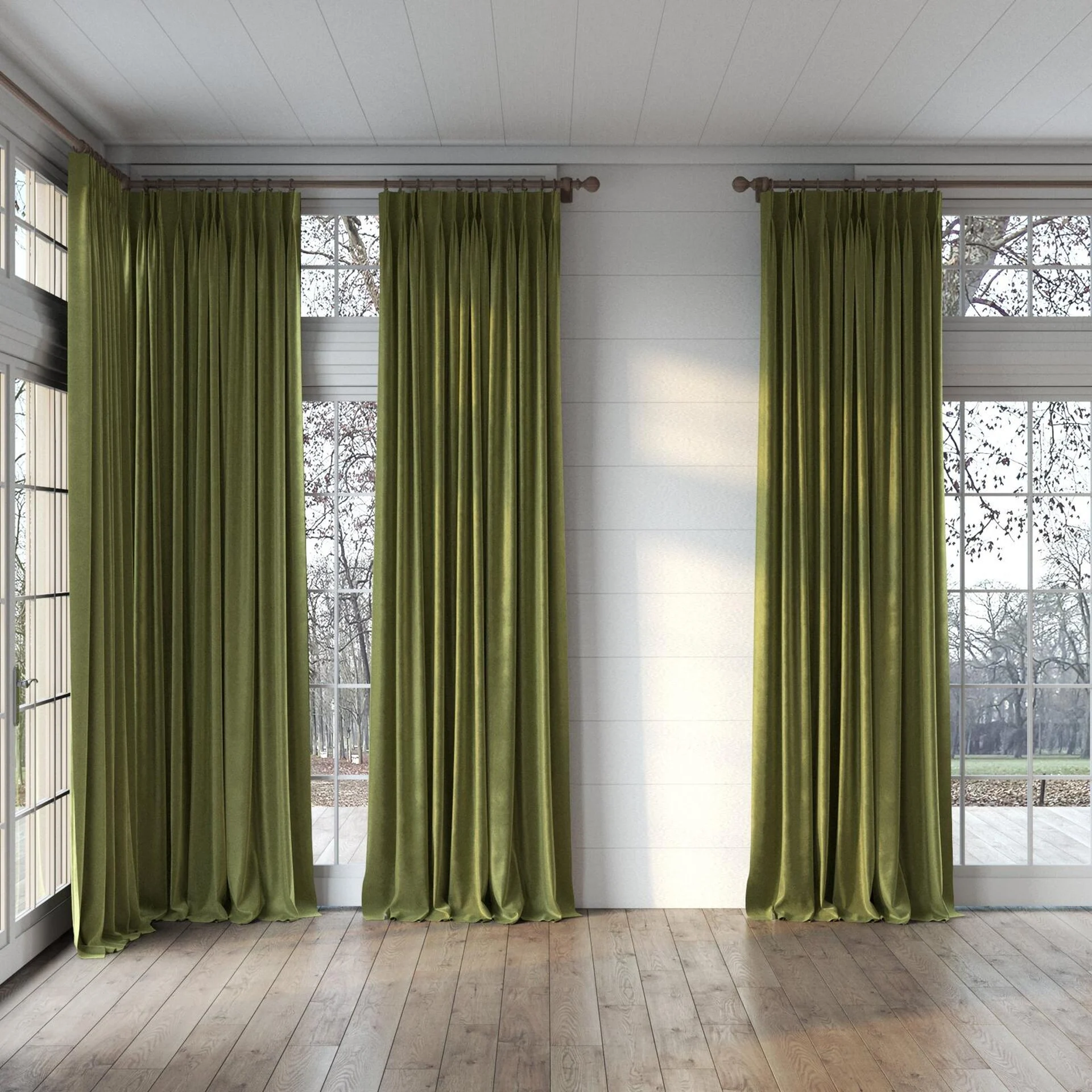 Full view of Velvelux Olive, puddled, on curtain rod