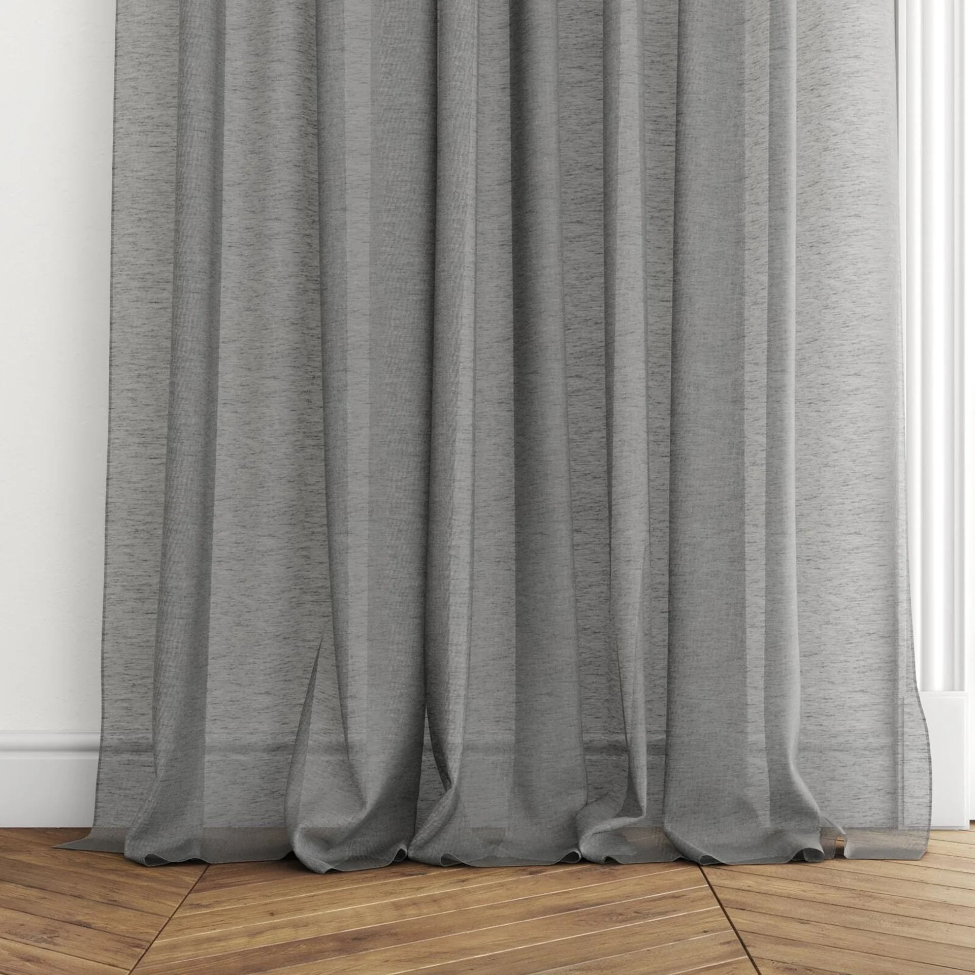 Bottom view of Locomotion Dice, puddled with pinch pleat, on curtain rod