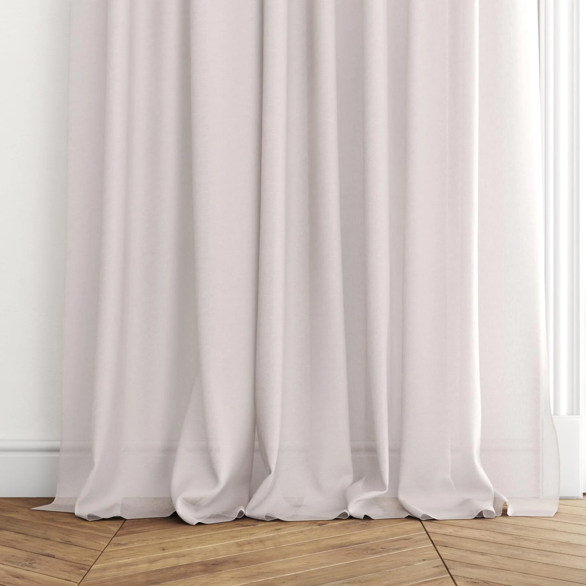 Bottom view of Alcova Chrystal, puddled with pinch pleat, on curtain rod