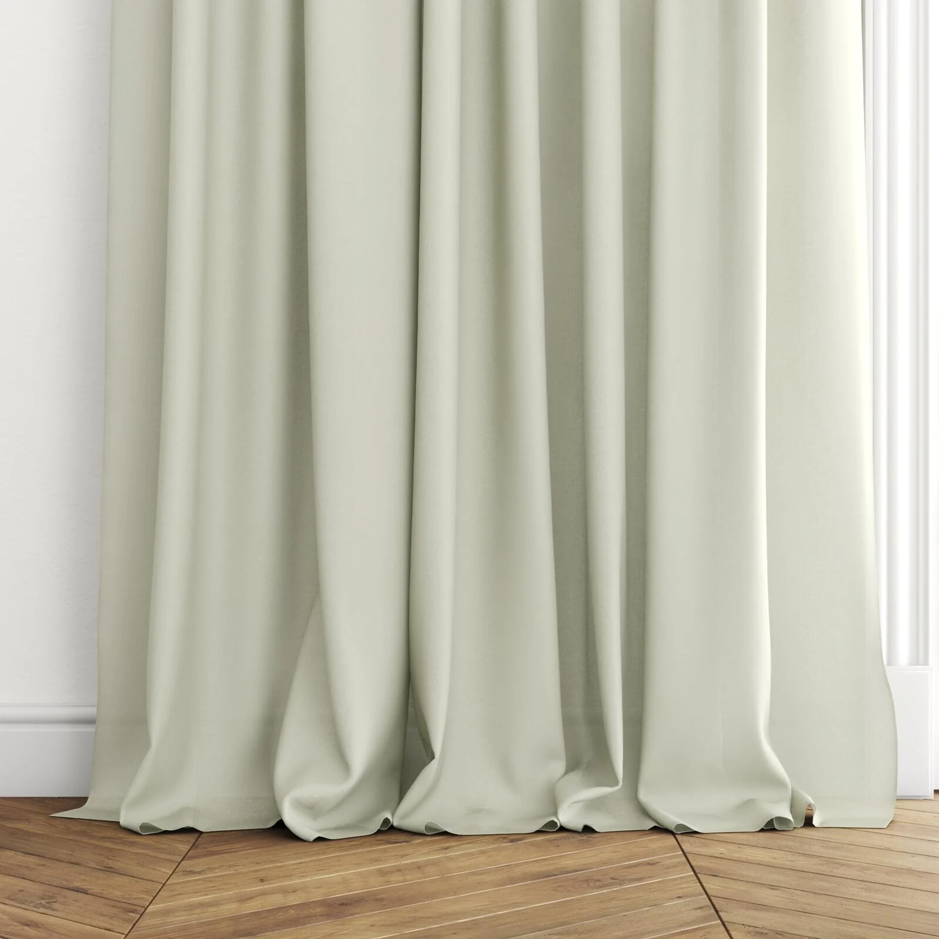 Bottom view of Gossy Linden, puddled with pinch pleat, on curtain rod