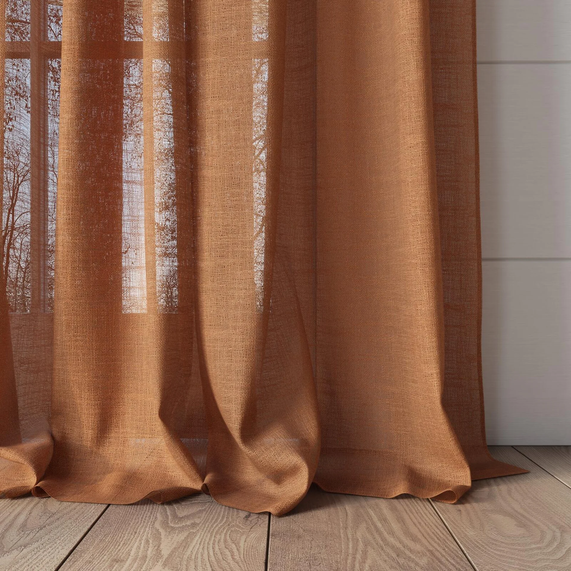 Bottom view of Verdant Sienna, puddled, on curtain rod