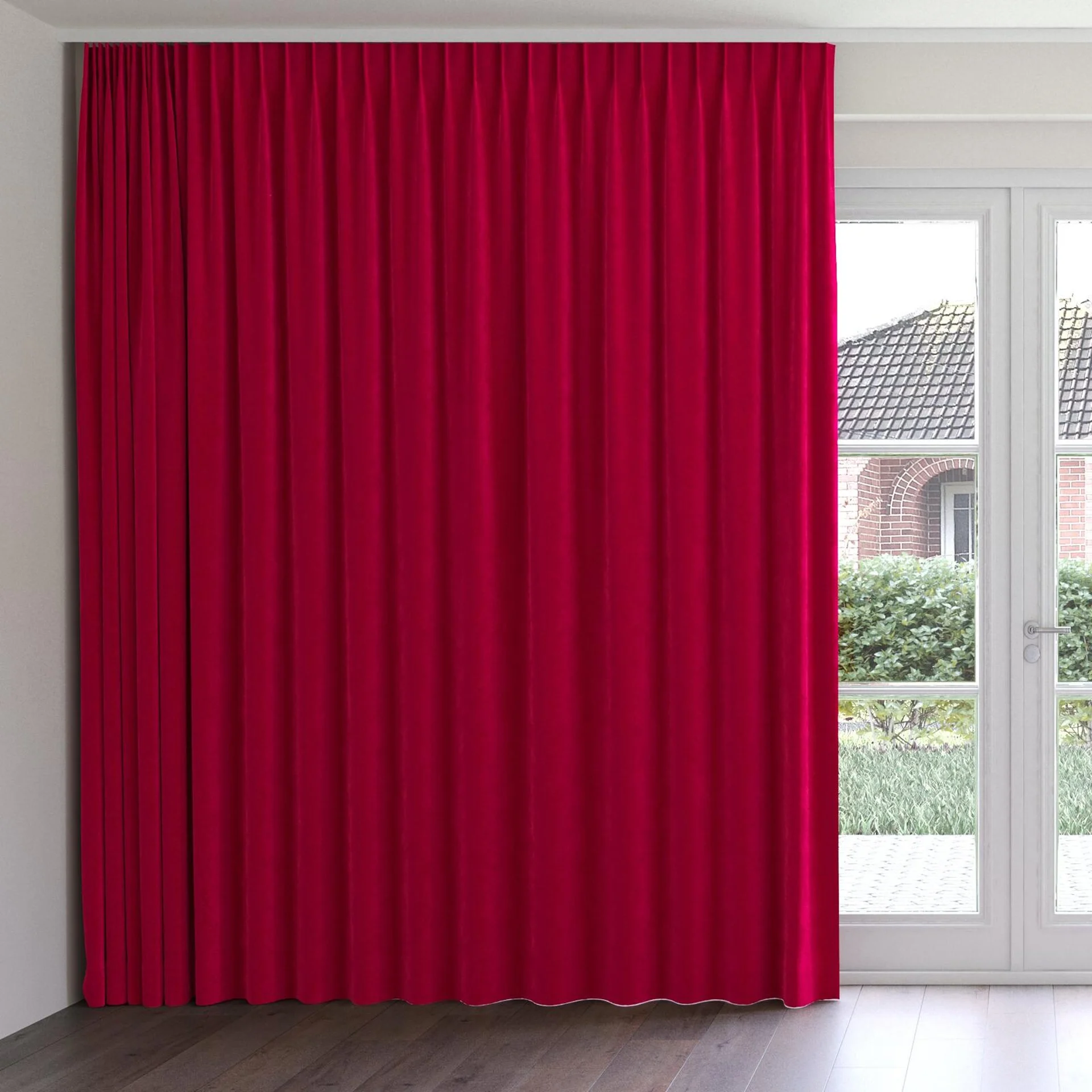Front view of Lux Velvet Poppy 8601, on curtain rail