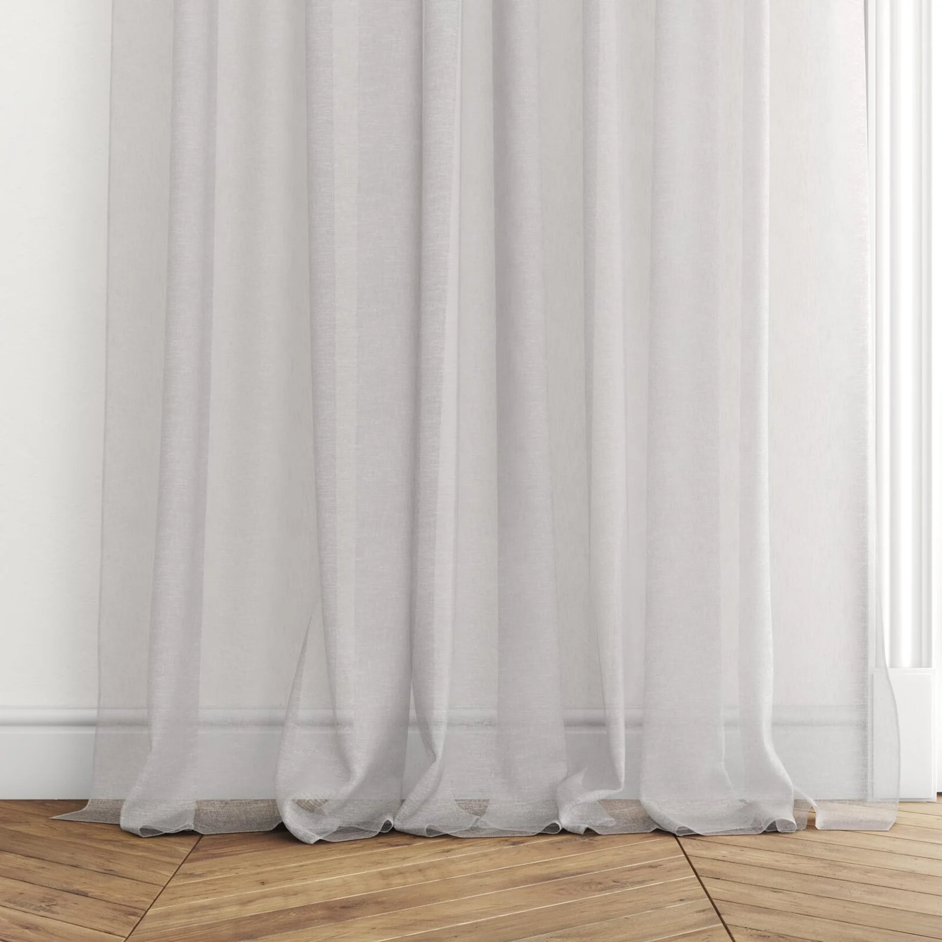 Bottom view of Seaview Fog, puddled with pinch pleat, on curtain rod