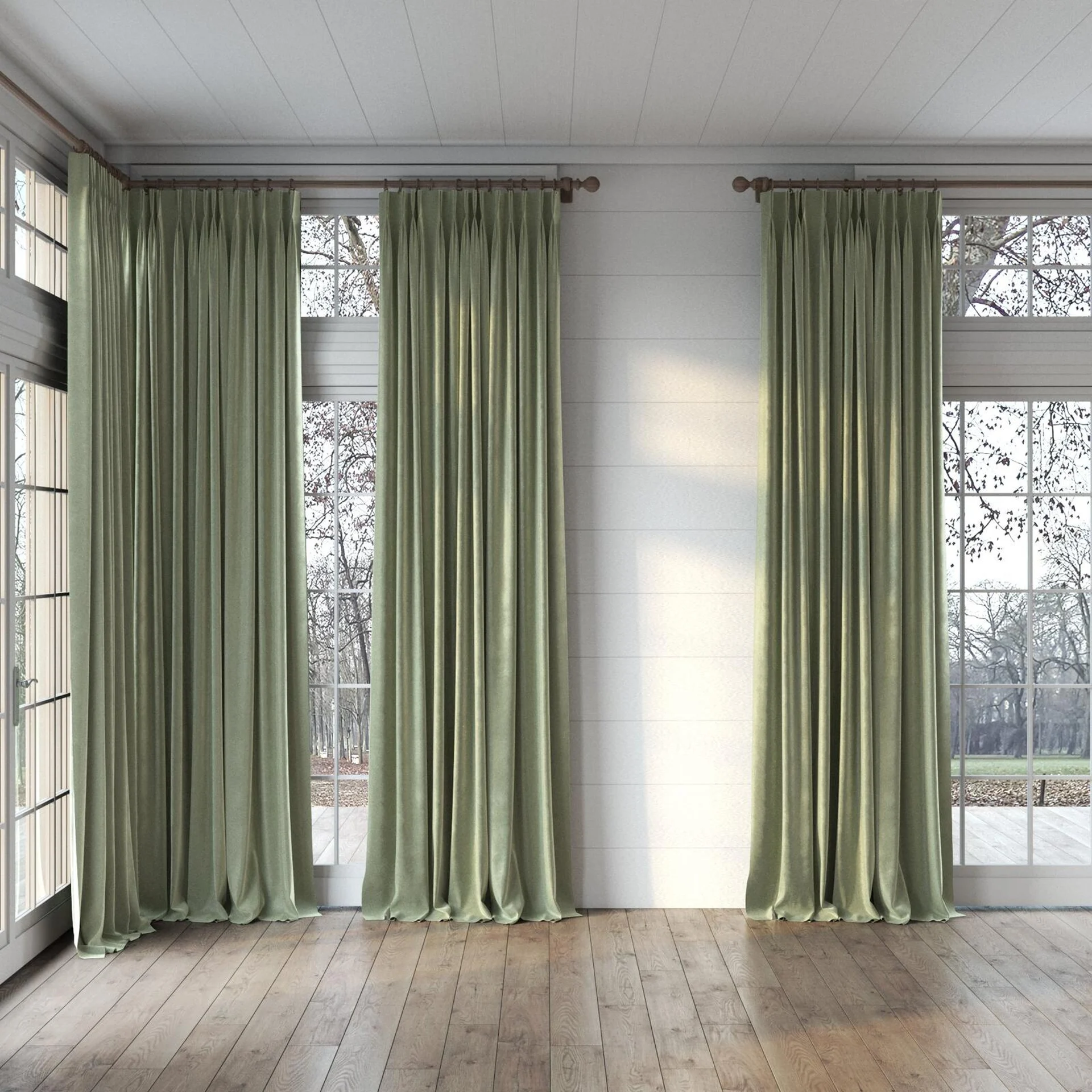 Full view of Velvelux Pistachio, puddled, on curtain rod