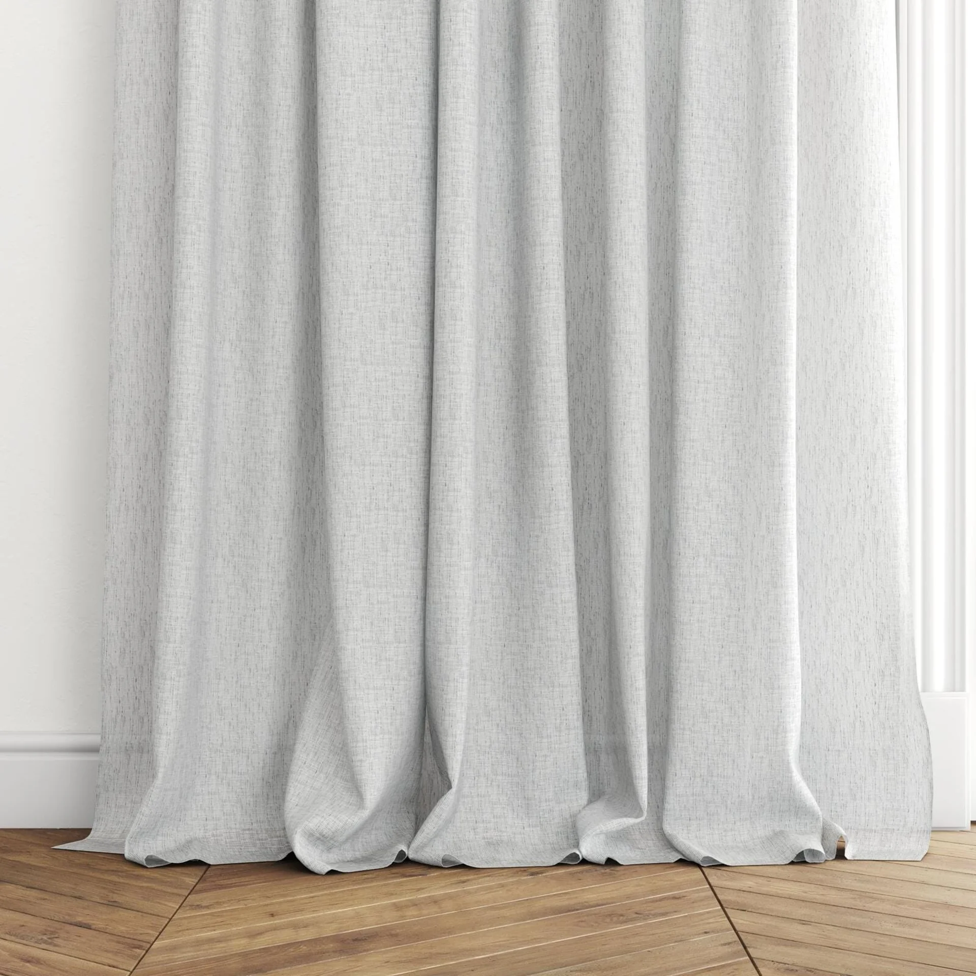 Bottom view of Shoji Monochrome, puddled with pinch pleat, on curtain rod