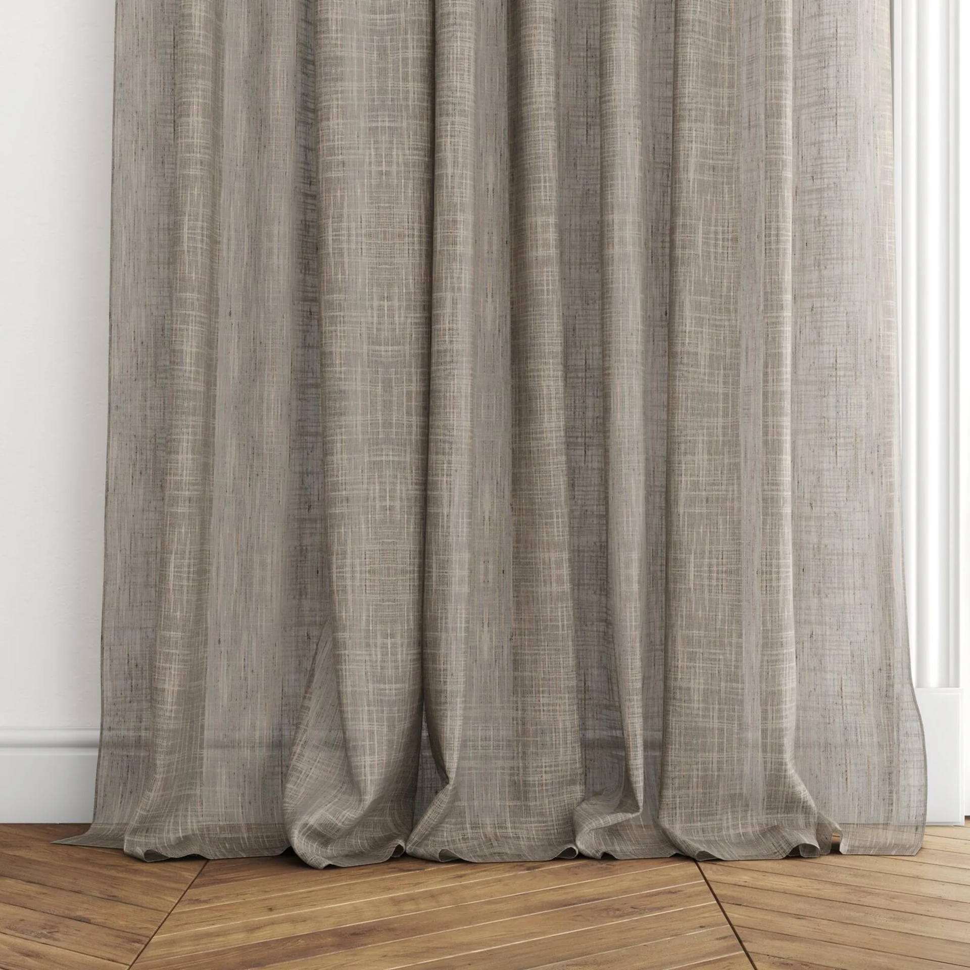 Bottom view of Zip Earth, puddled with pinch pleat, on curtain rod