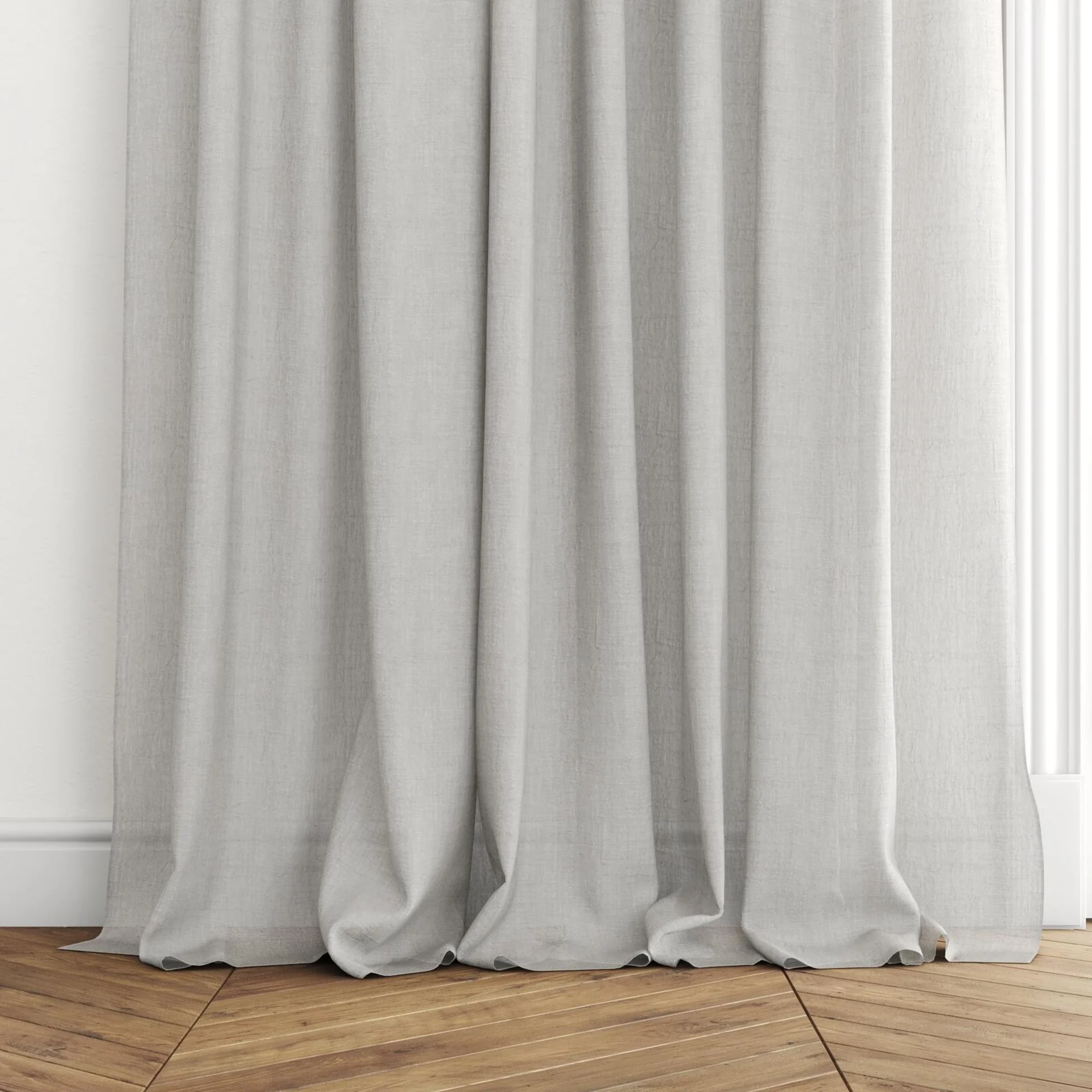 Bottom view of Illusion Frost, puddled with pinch pleat, on curtain rod