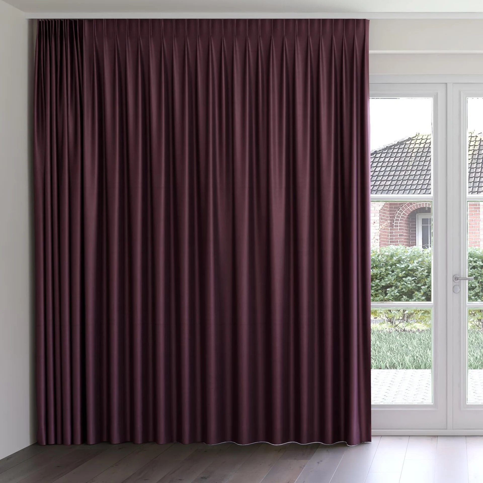 Front view of Warlock Aubergine, on curtain rail