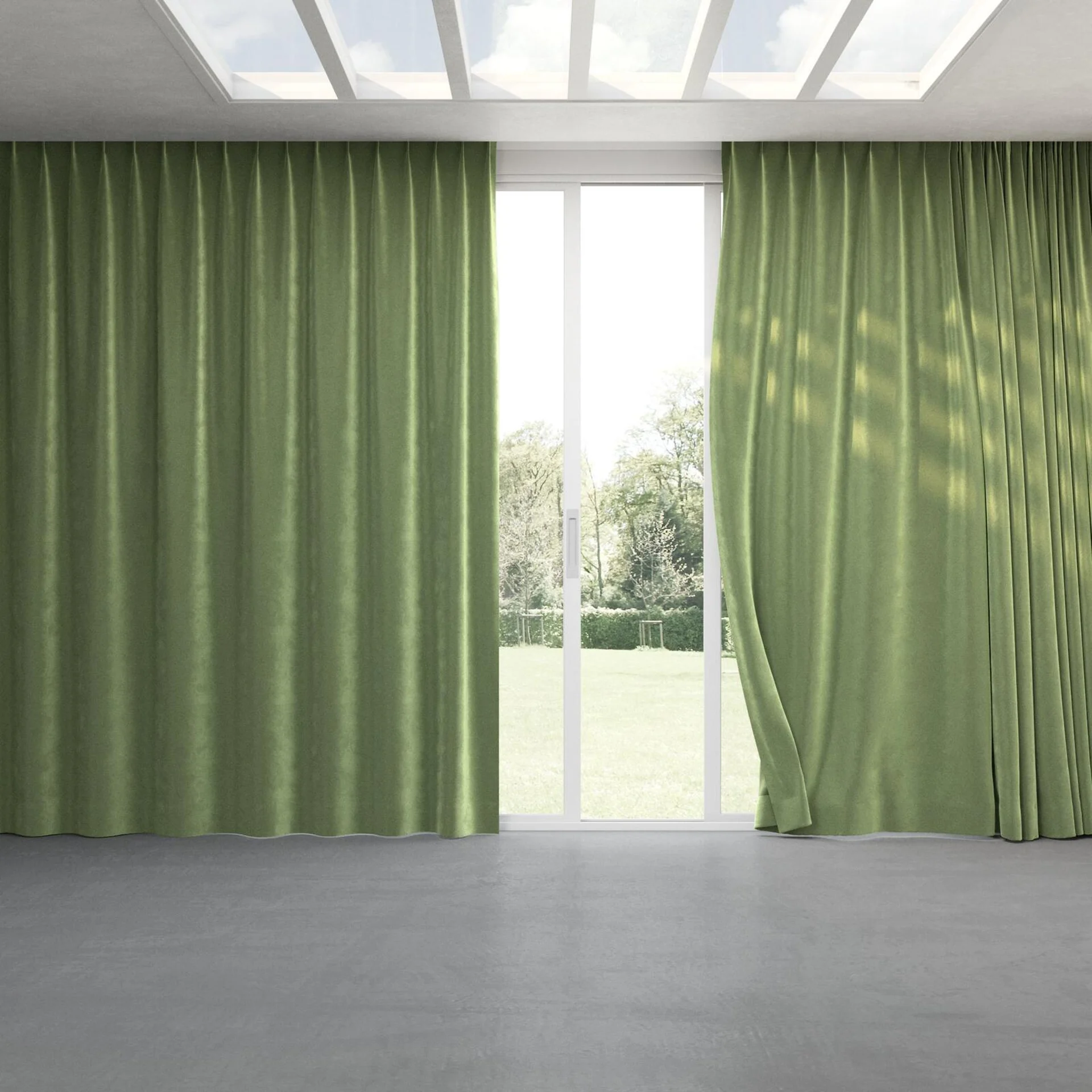 Full view of Velvelux Matcha, pinch pleat