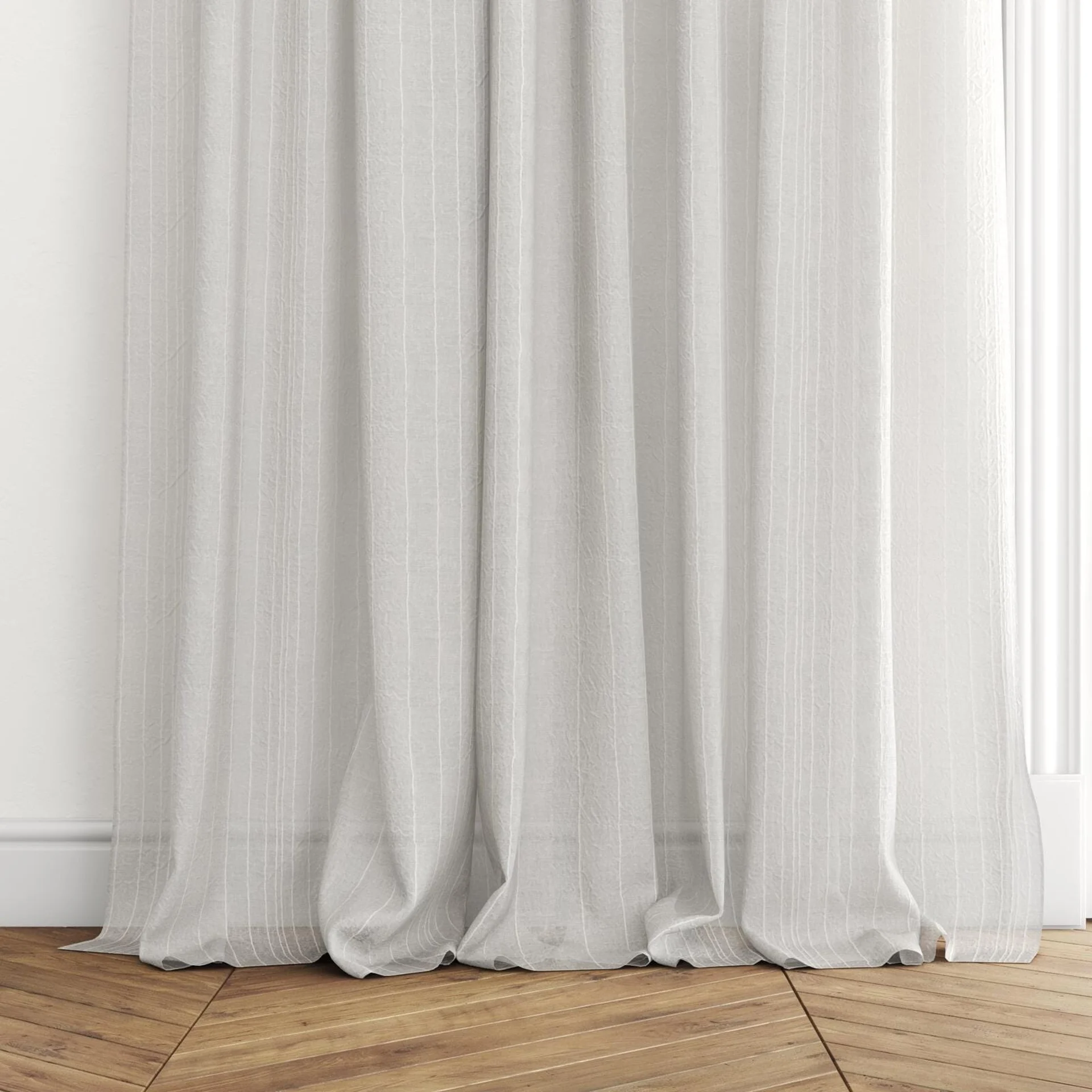 Bottom view of Mira Stone, puddled with pinch pleat, on curtain rod