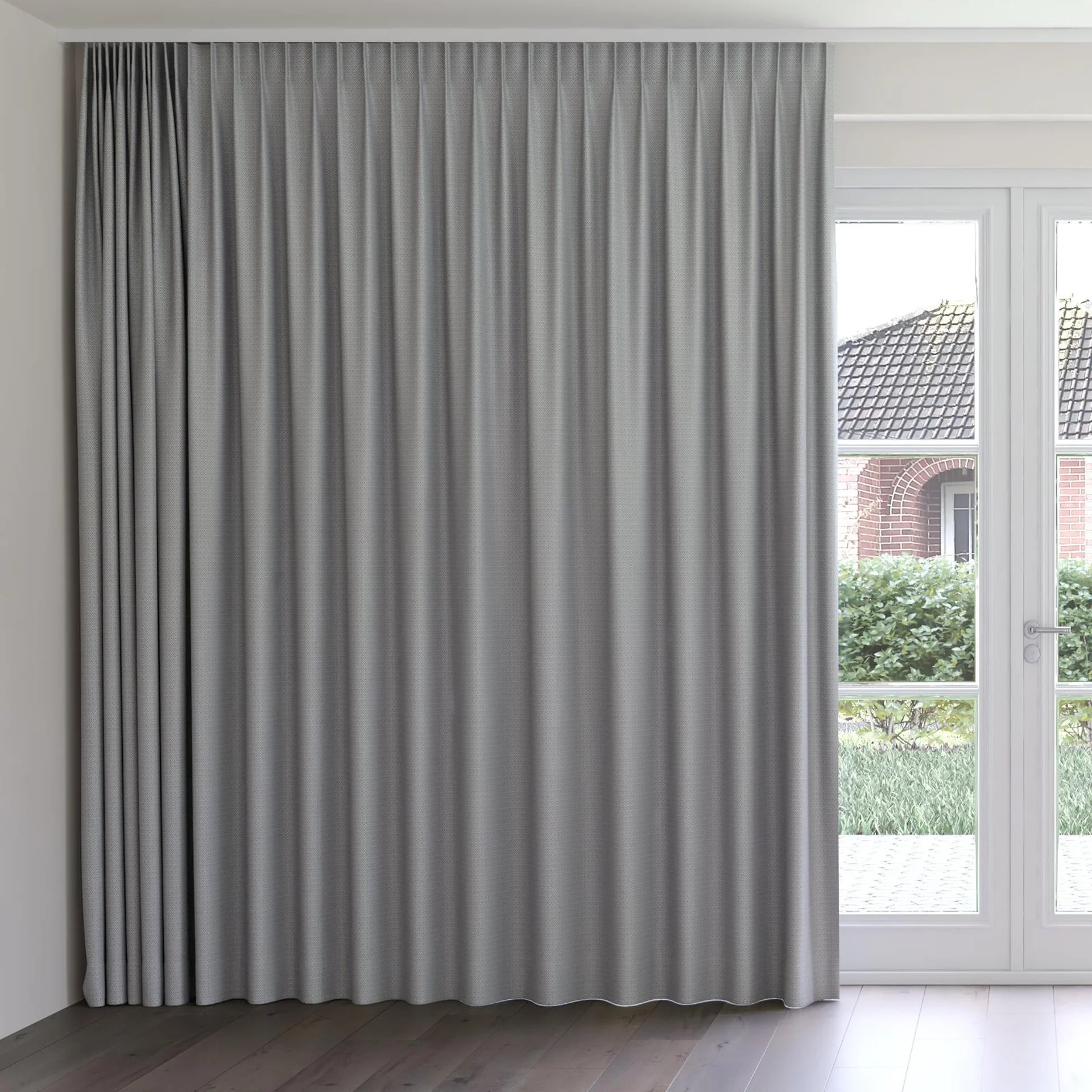 Front view of Emoticon Denim, on curtain rail