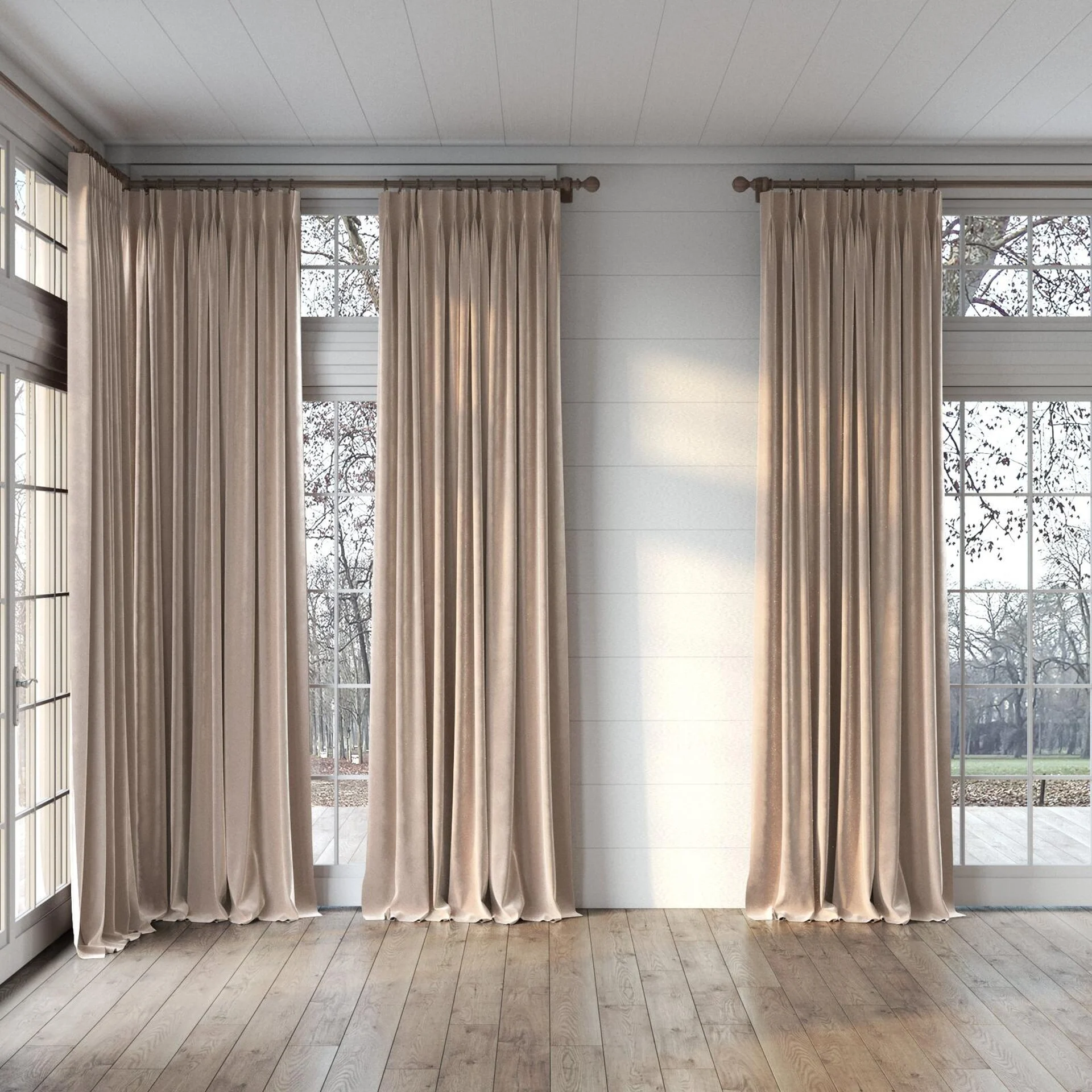 Full view of Velvelux Lotus, puddled, on curtain rod