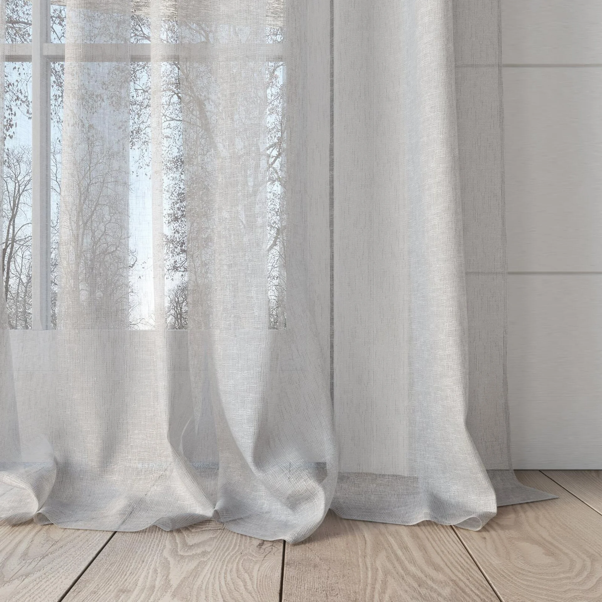 Bottom view of Seaview Linen, puddled, on curtain rod