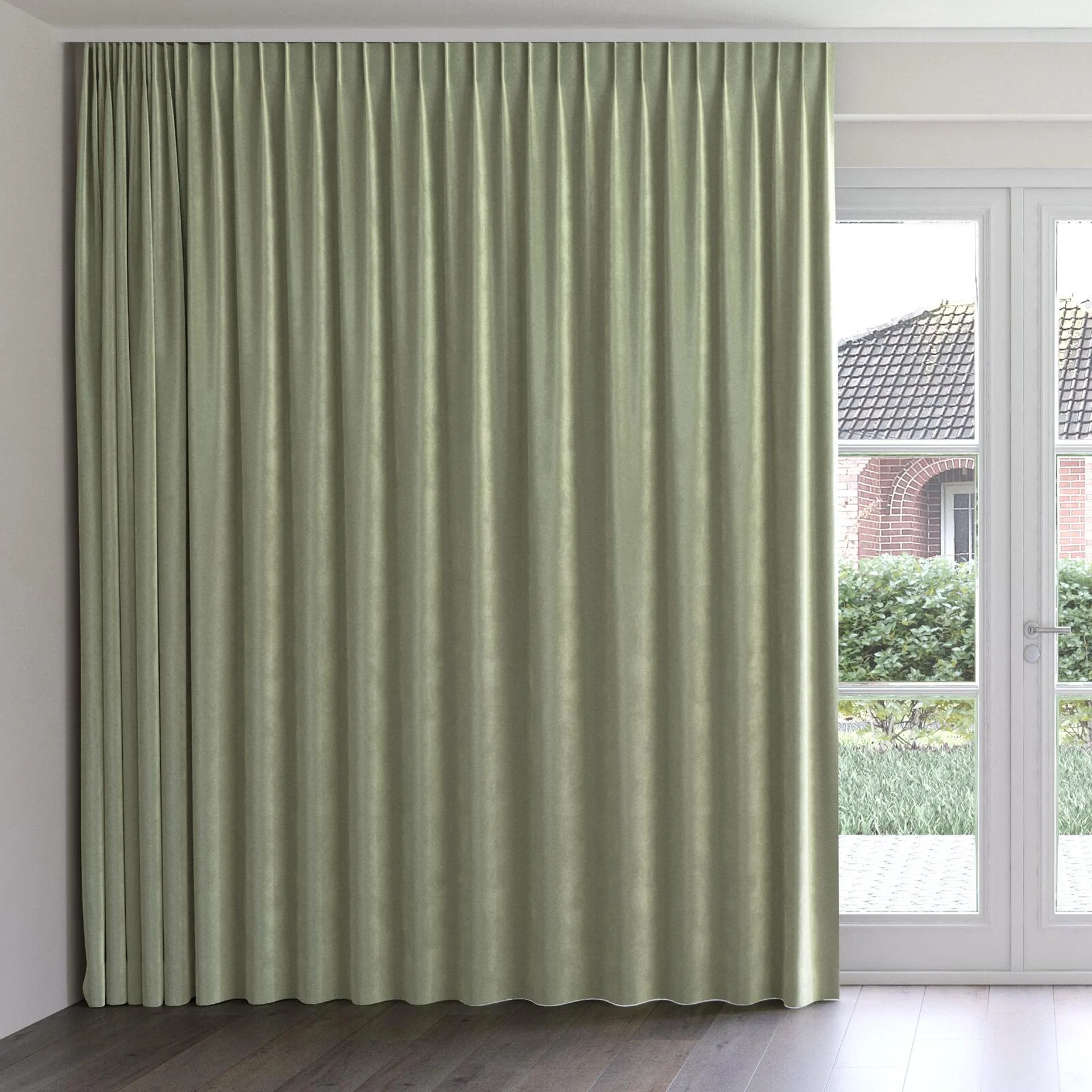 Front view of Velvelux Pistachio, on curtain rail