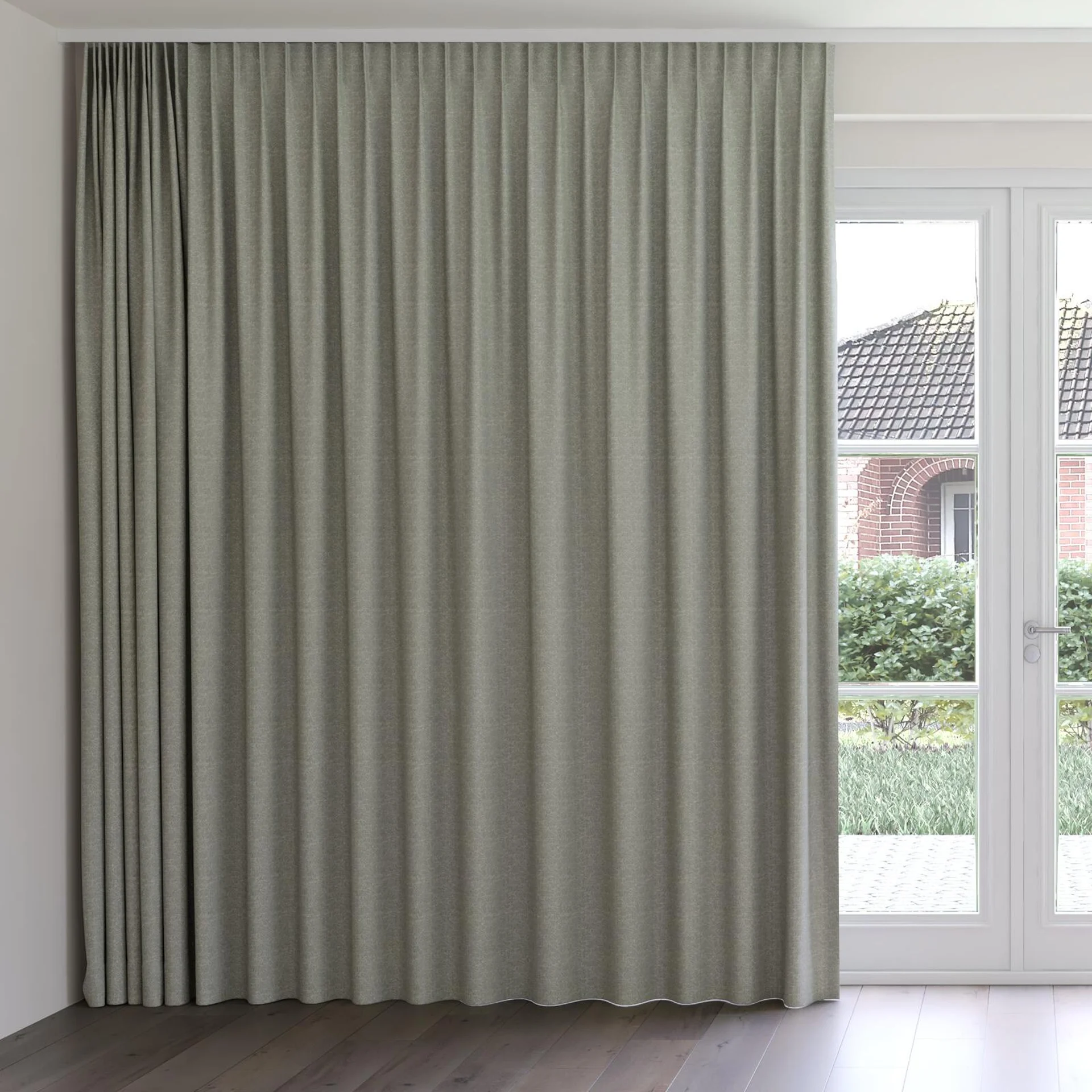 Front view of Laurel FR Blackout Mineral, on curtain rail