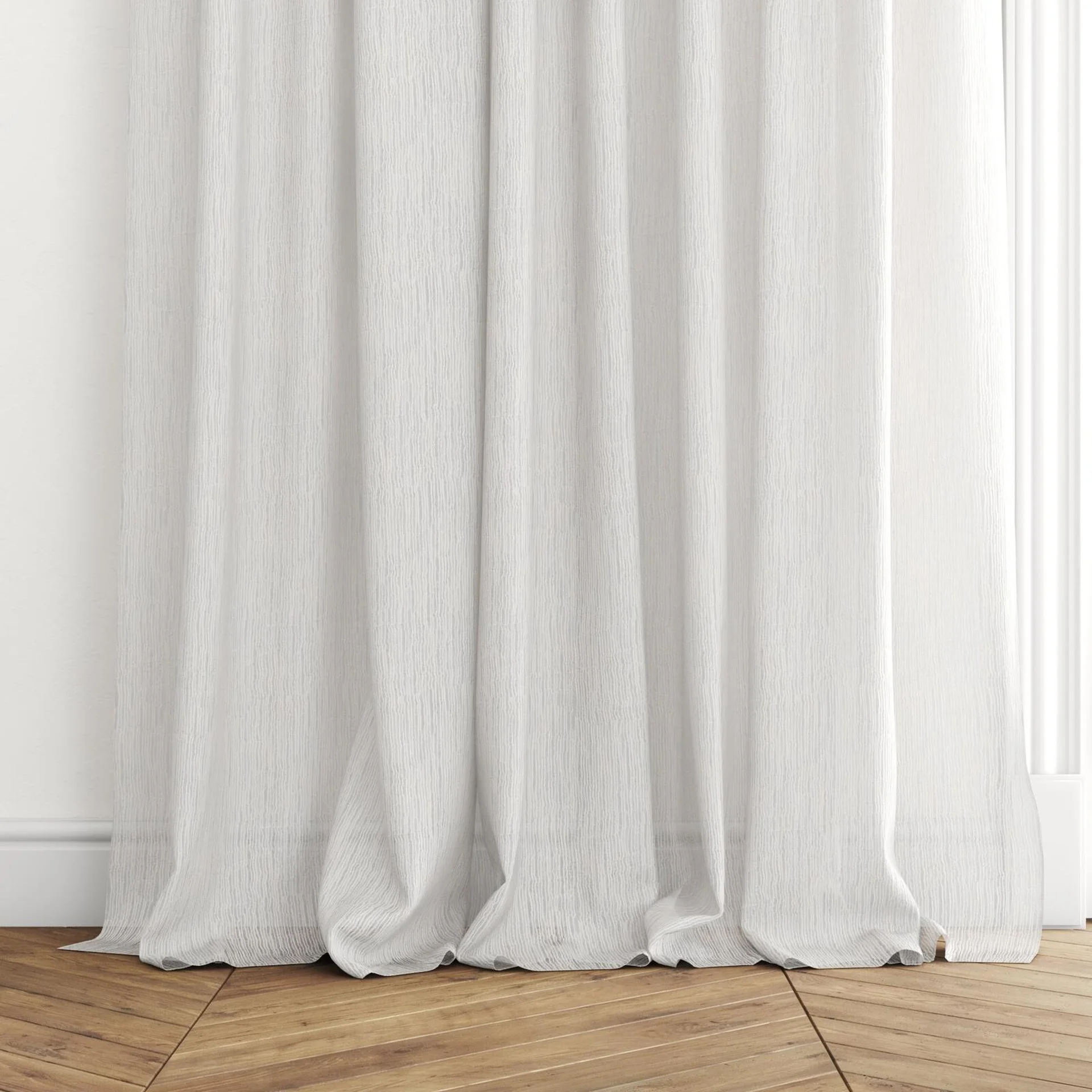 Bottom view of Turbulent Polar, puddled with pinch pleat, on curtain rod