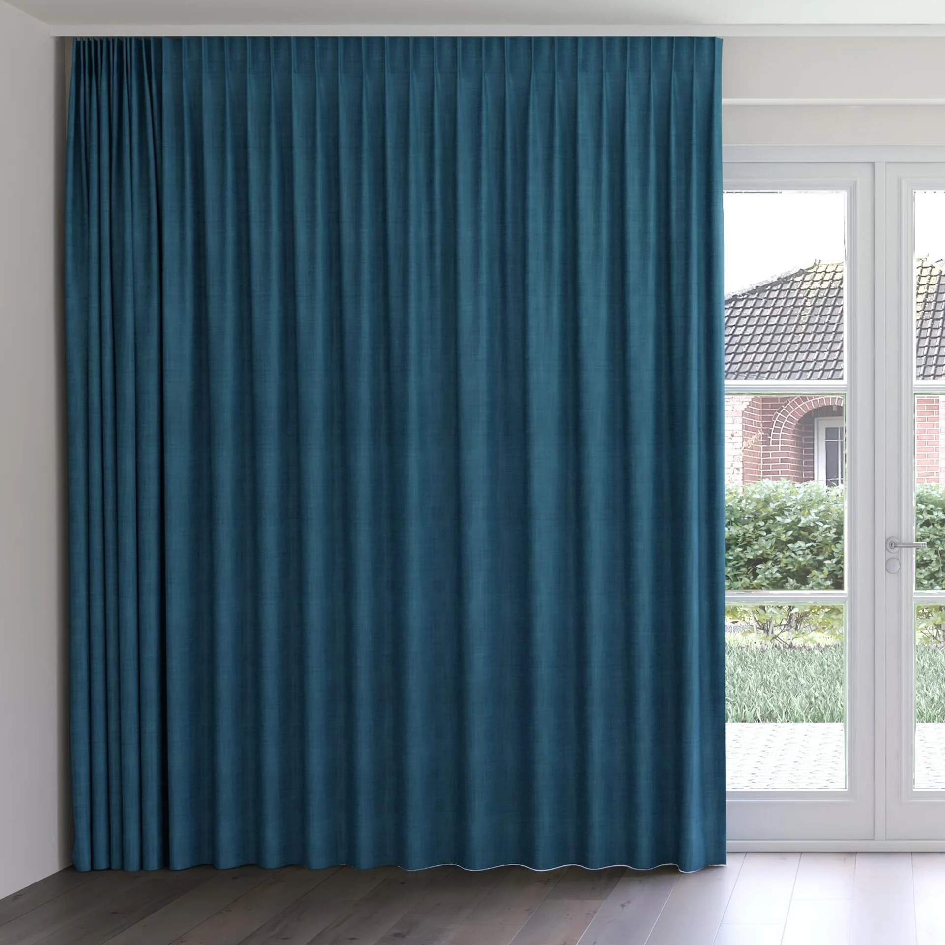 Front view of Loci Dim Out Azure, on curtain rail