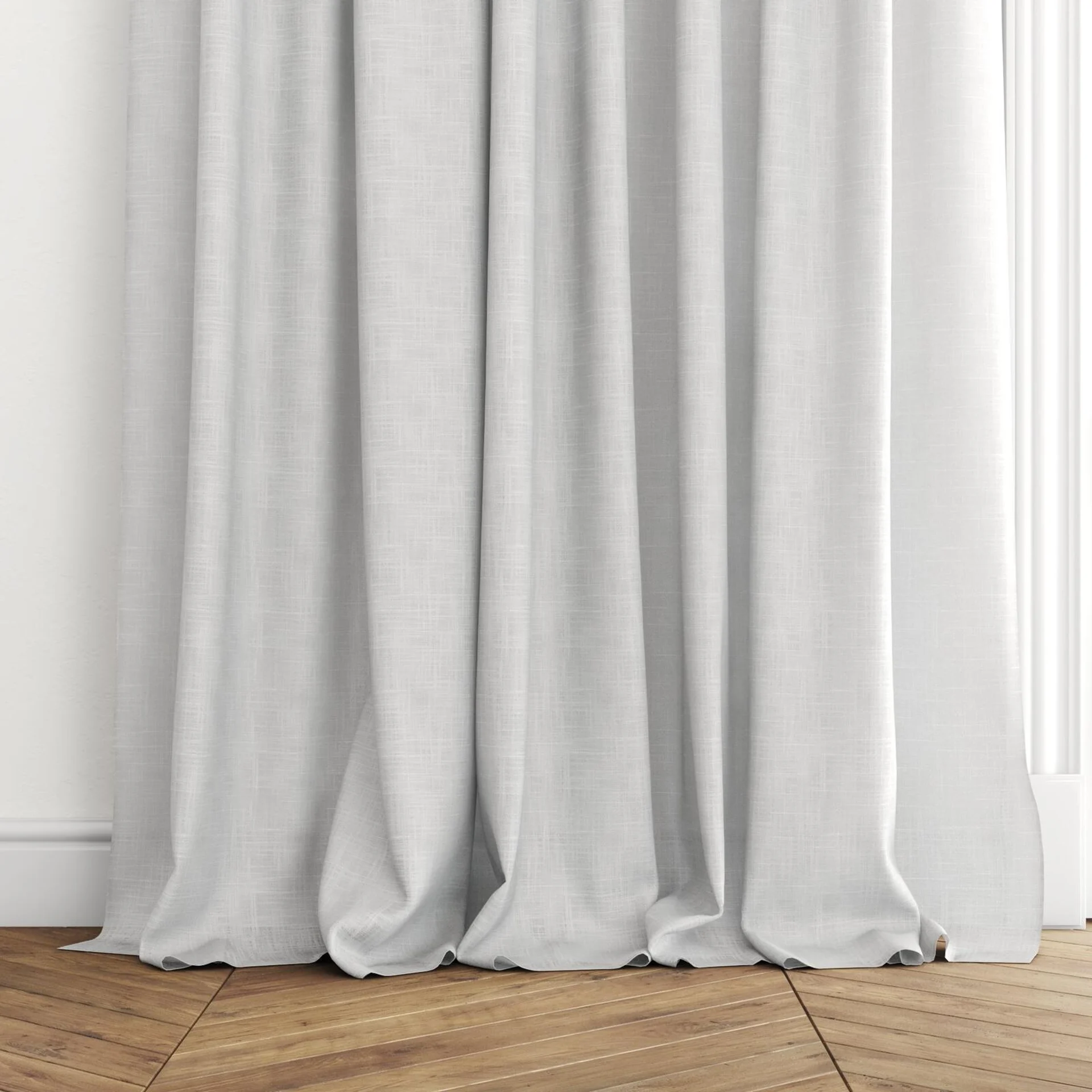 Bottom view of Charanga Winter, puddled with pinch pleat, on curtain rod