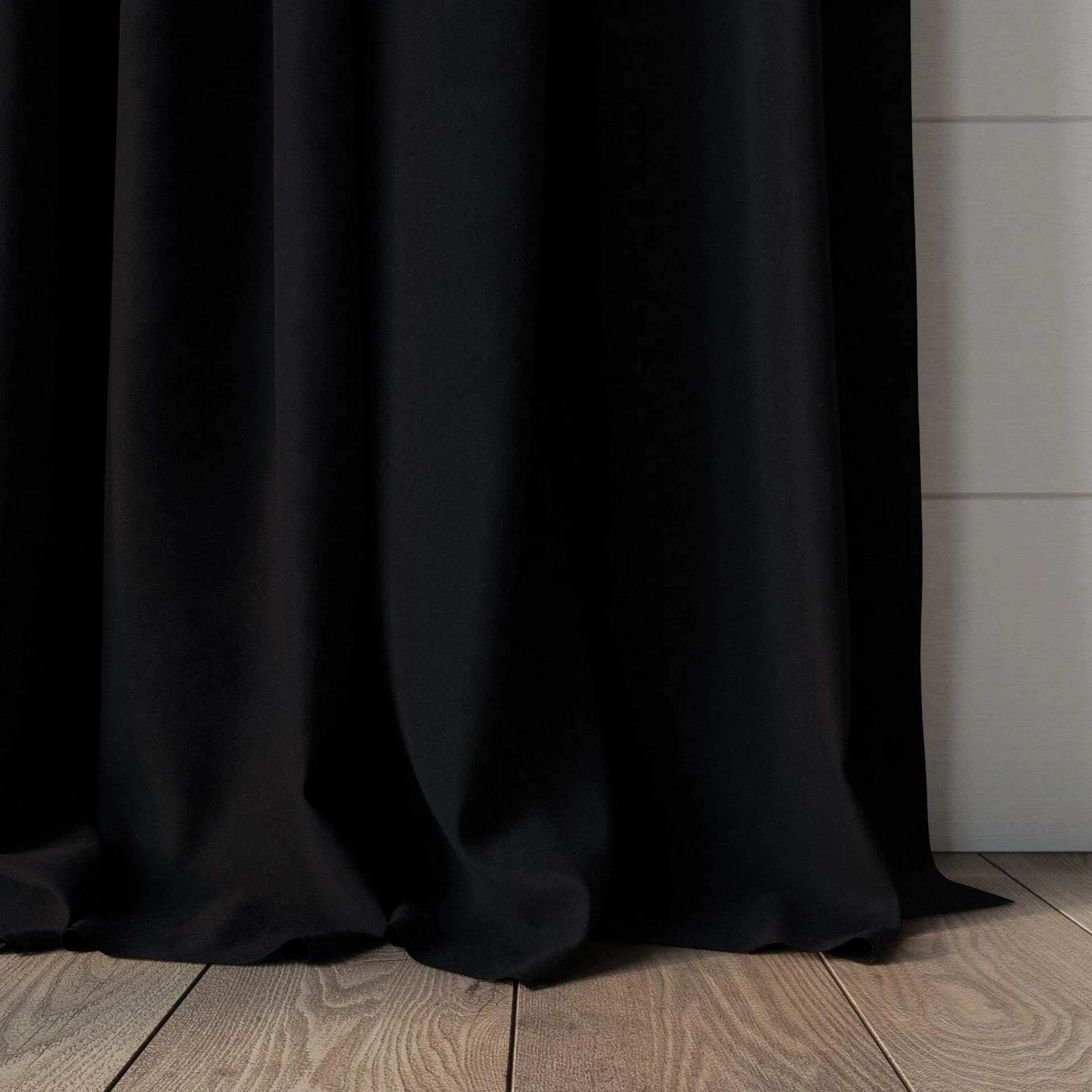 Bottom view of Lux Velvet Ebony 8702, puddled, on curtain rod