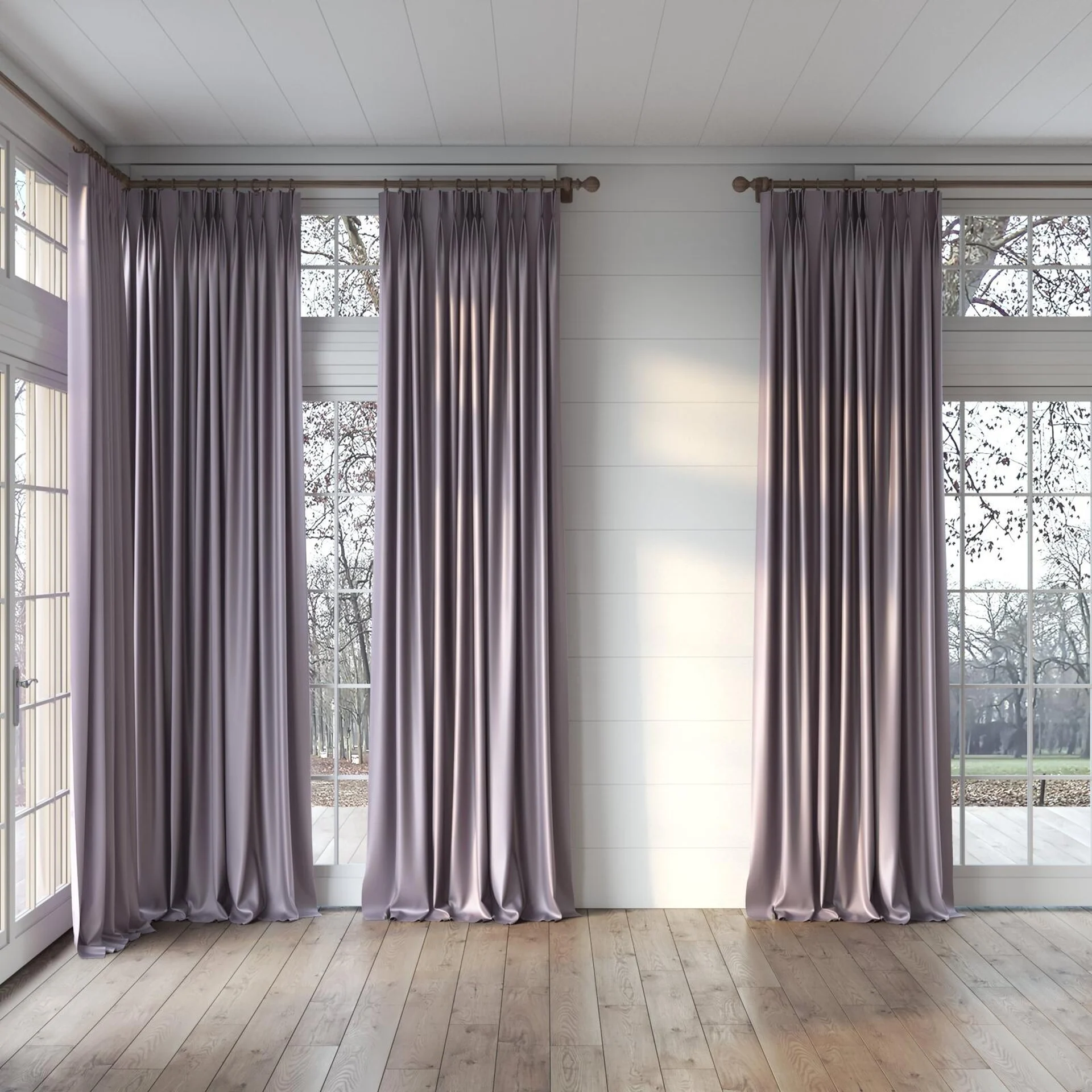 Full view of Sleek Orchid, puddled, on curtain rod