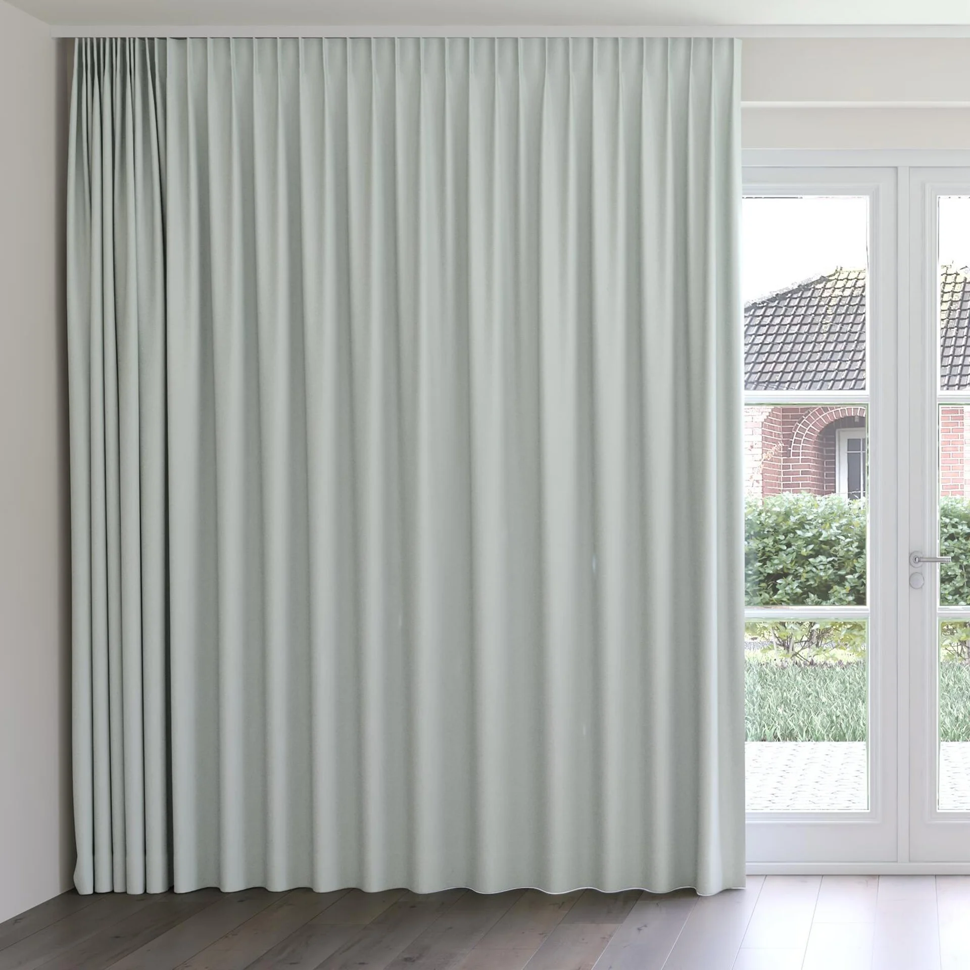 Front view of Quantum FR Seafoam, on curtain rail