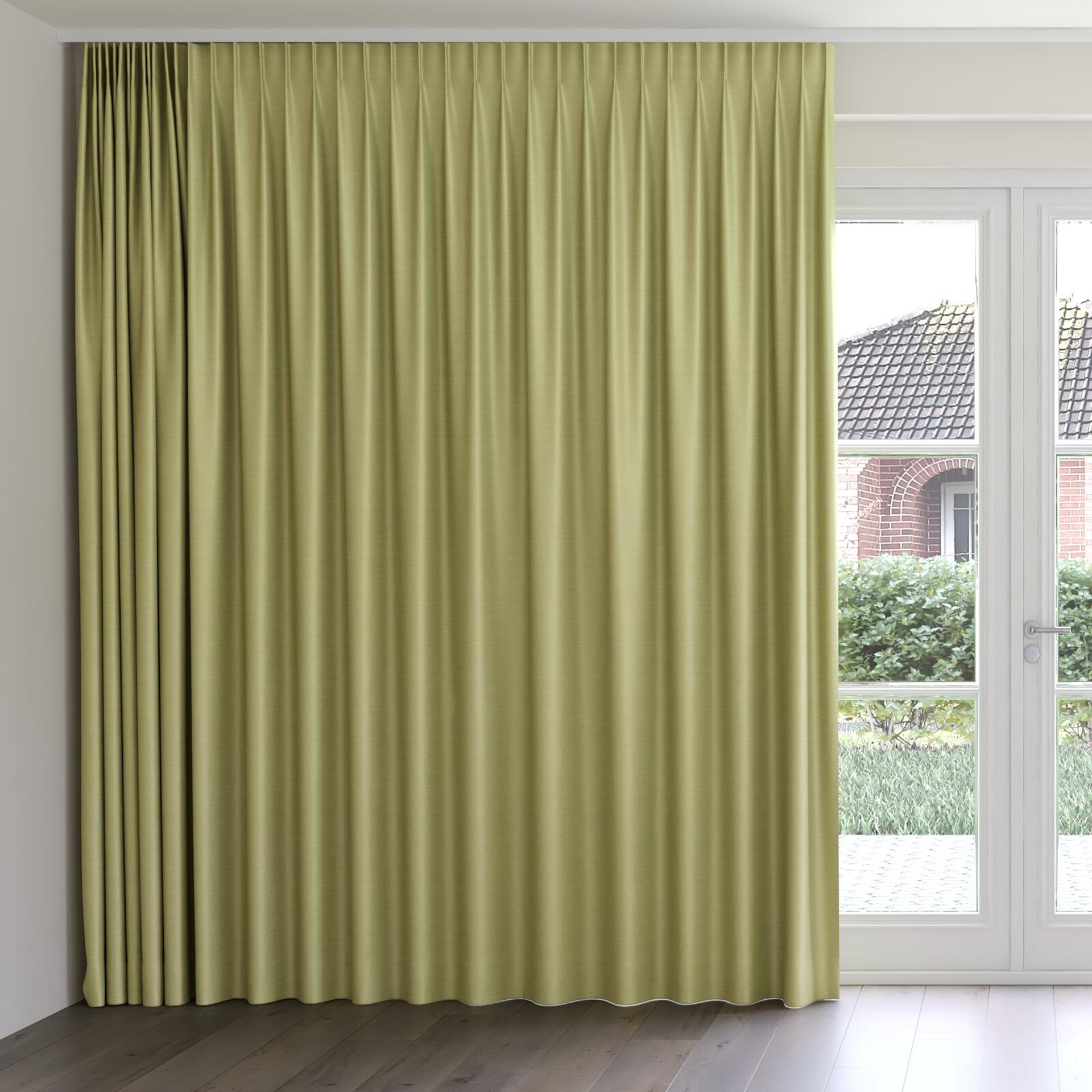 Front view of Silky Pistachio, on curtain rail