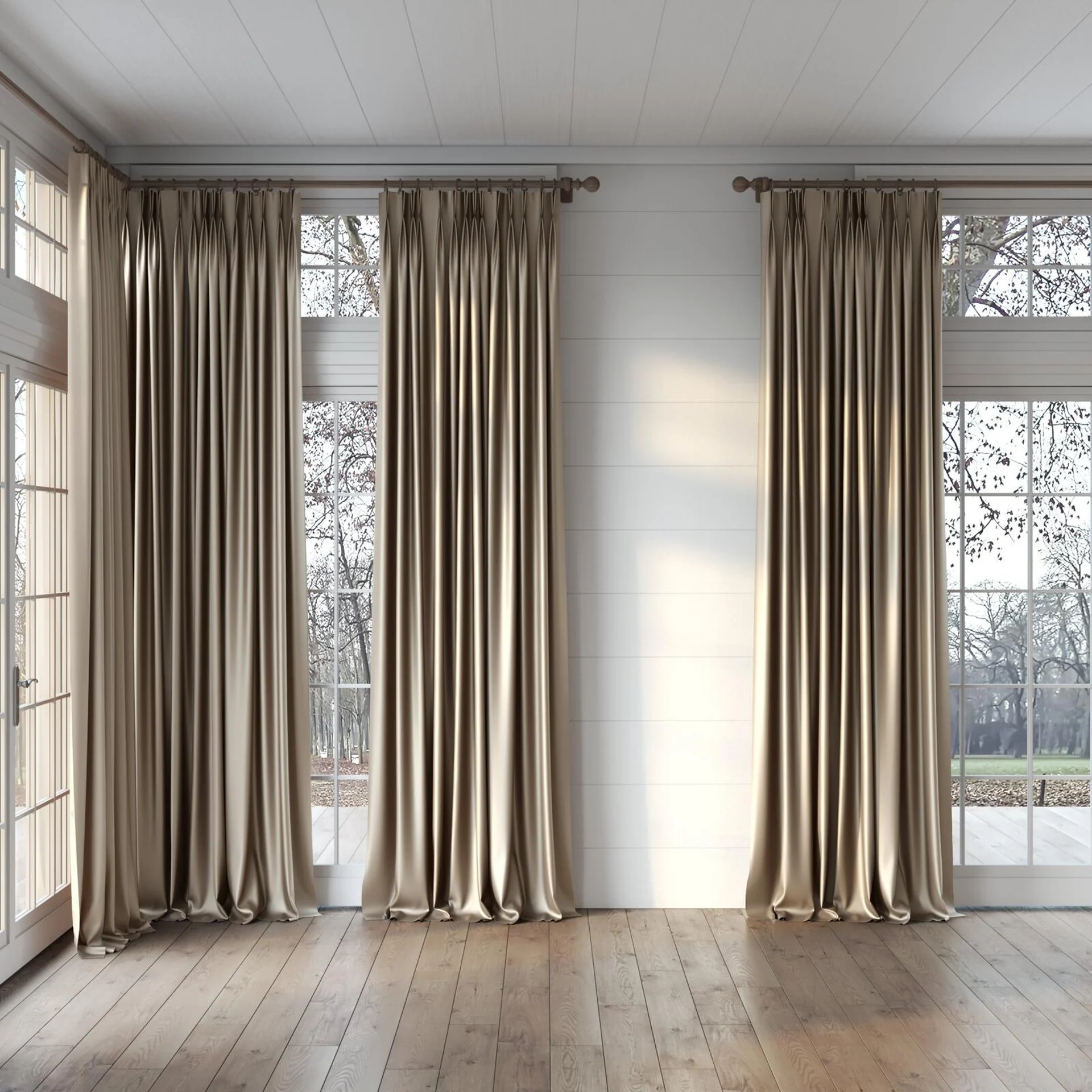 Full view of Moonbeam Crockery, puddled, on curtain rod