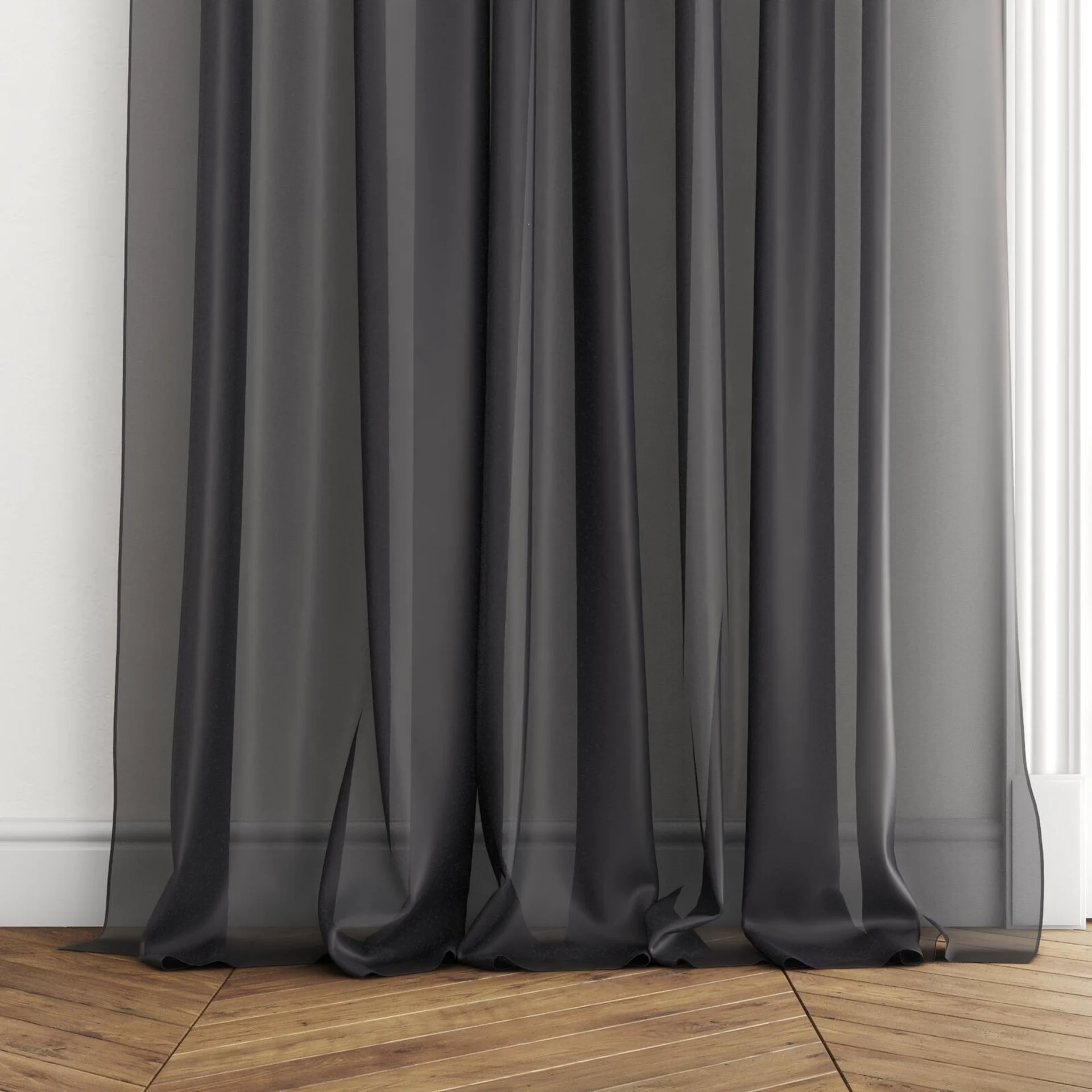 Bottom view of Xo Raven, puddled with pinch pleat, on curtain rod
