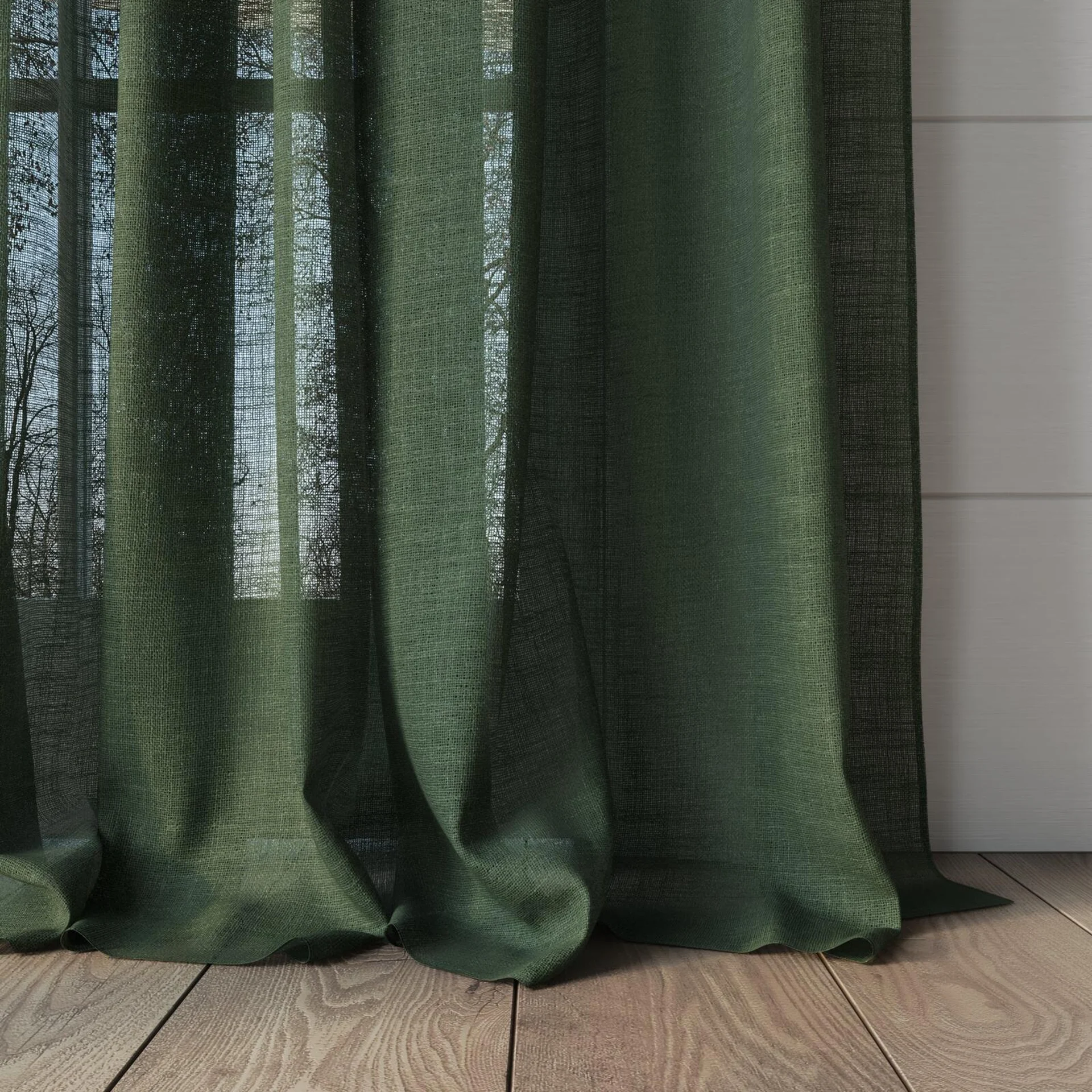 Bottom view of Verdant Olive, puddled, on curtain rod