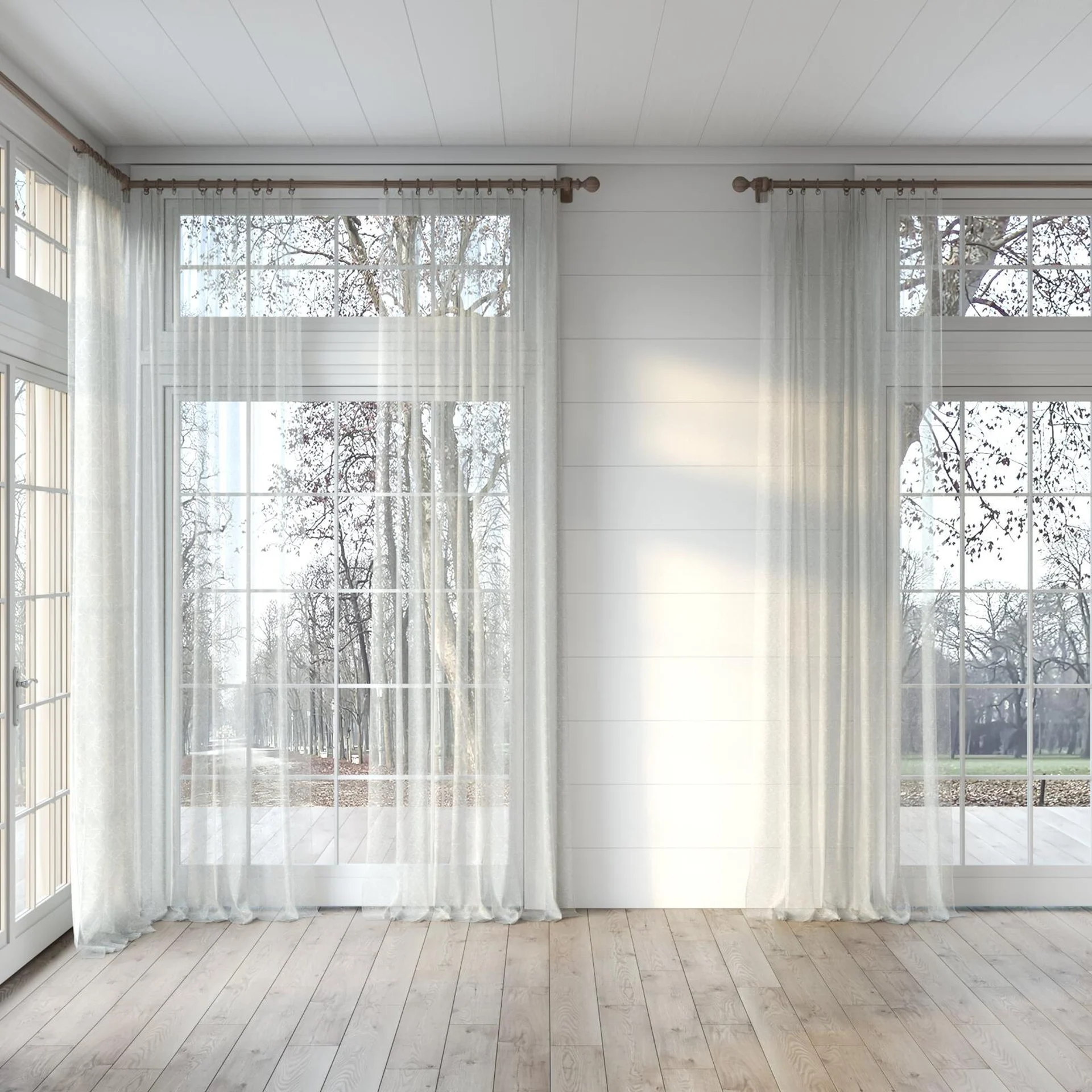 Full view of Alassio Linen, puddled, on curtain rod
