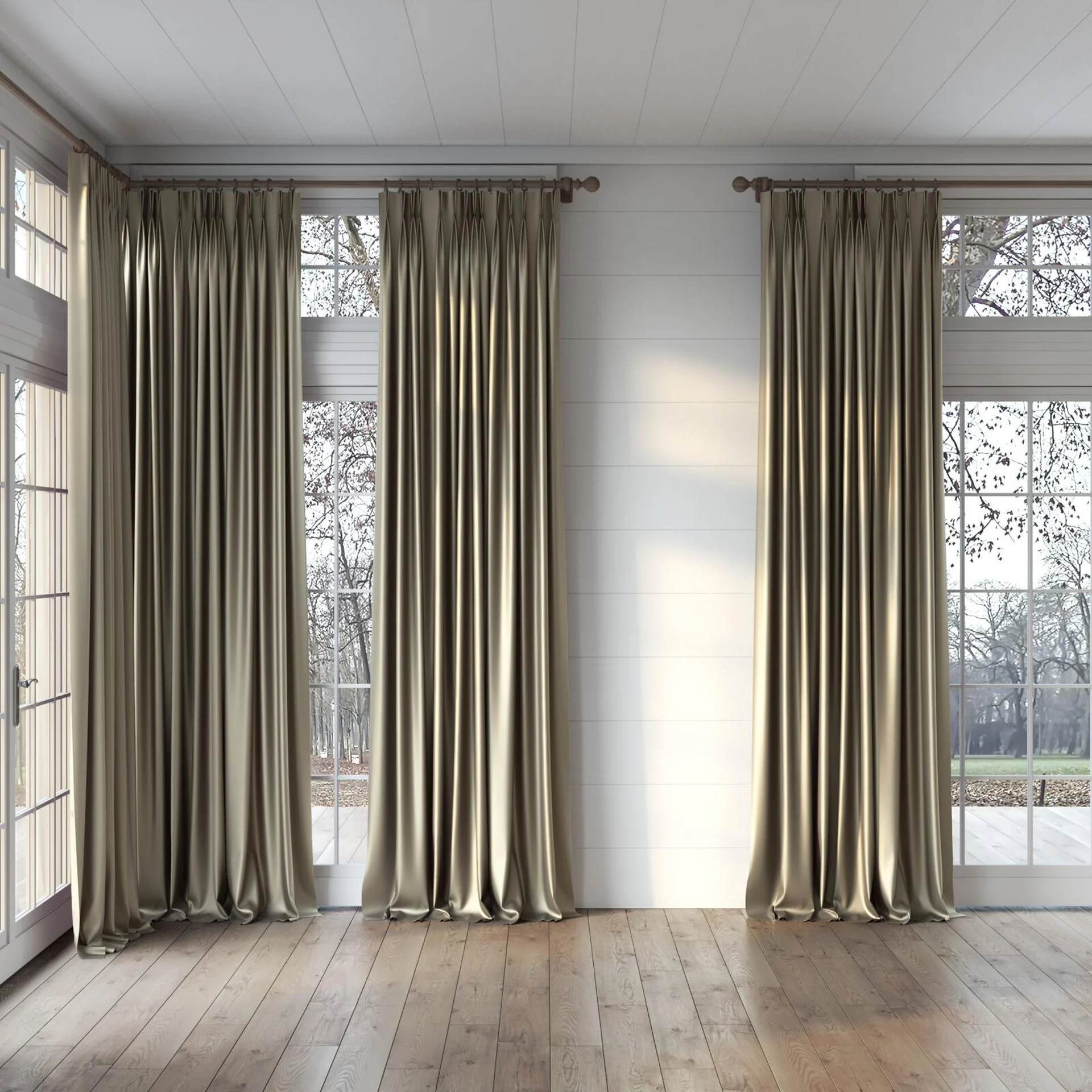 Full view of North Face Seagrass, puddled, on curtain rod